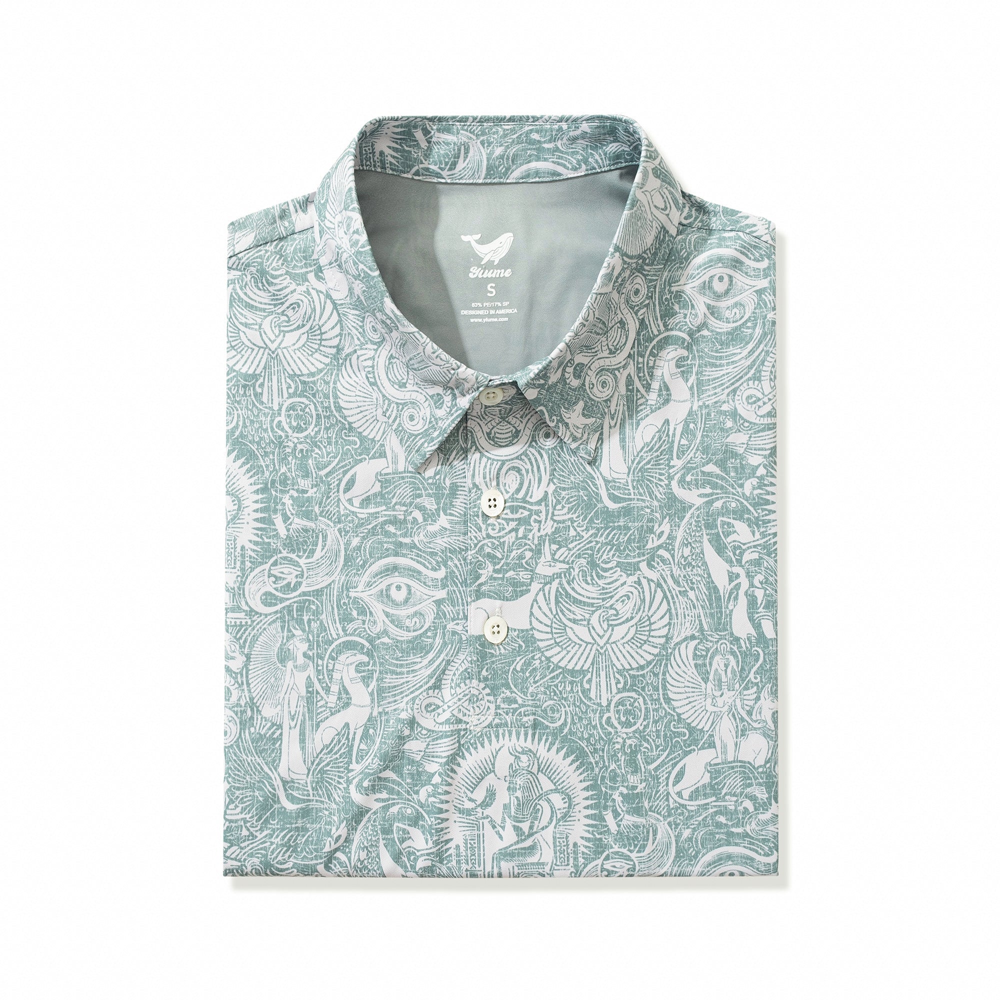 Men's Hawaiian Polo Shirt Short Sleeve 83% Recycled polyester 17% Spandex Green Aloha Egyptian Myths