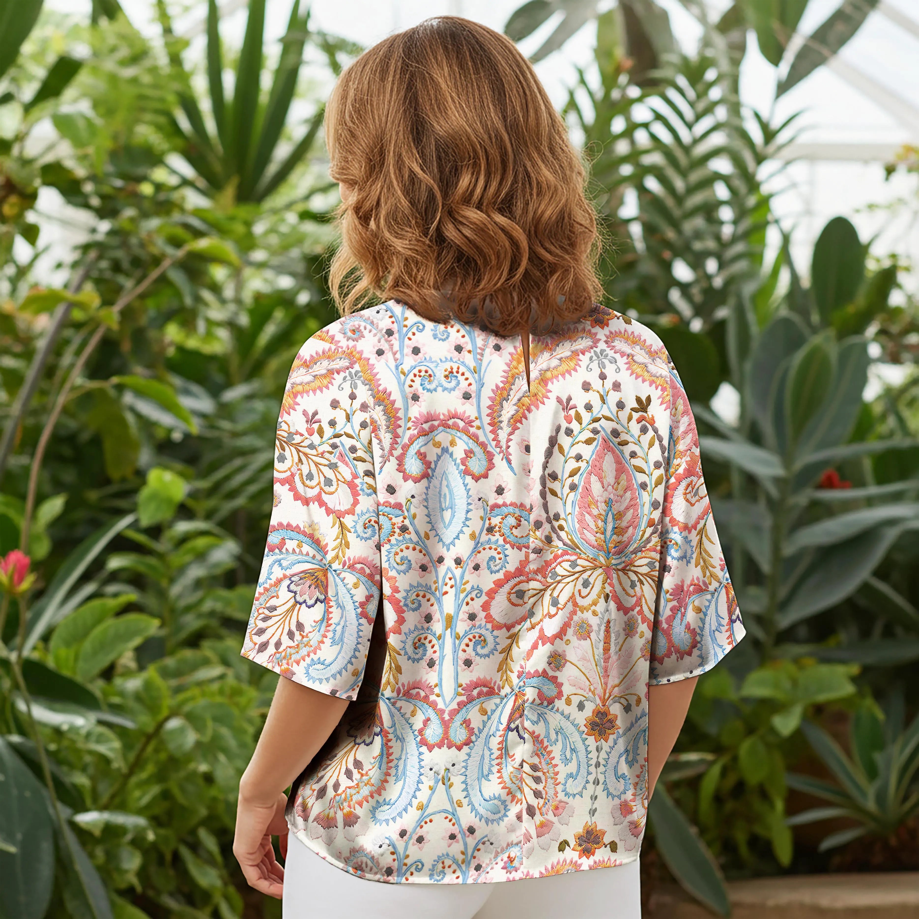 Women Casual Blouse Elbow Sleeve Round Neck Button-Back 100% Lyocell Blue Aloha Elegant Paisley Embroidery