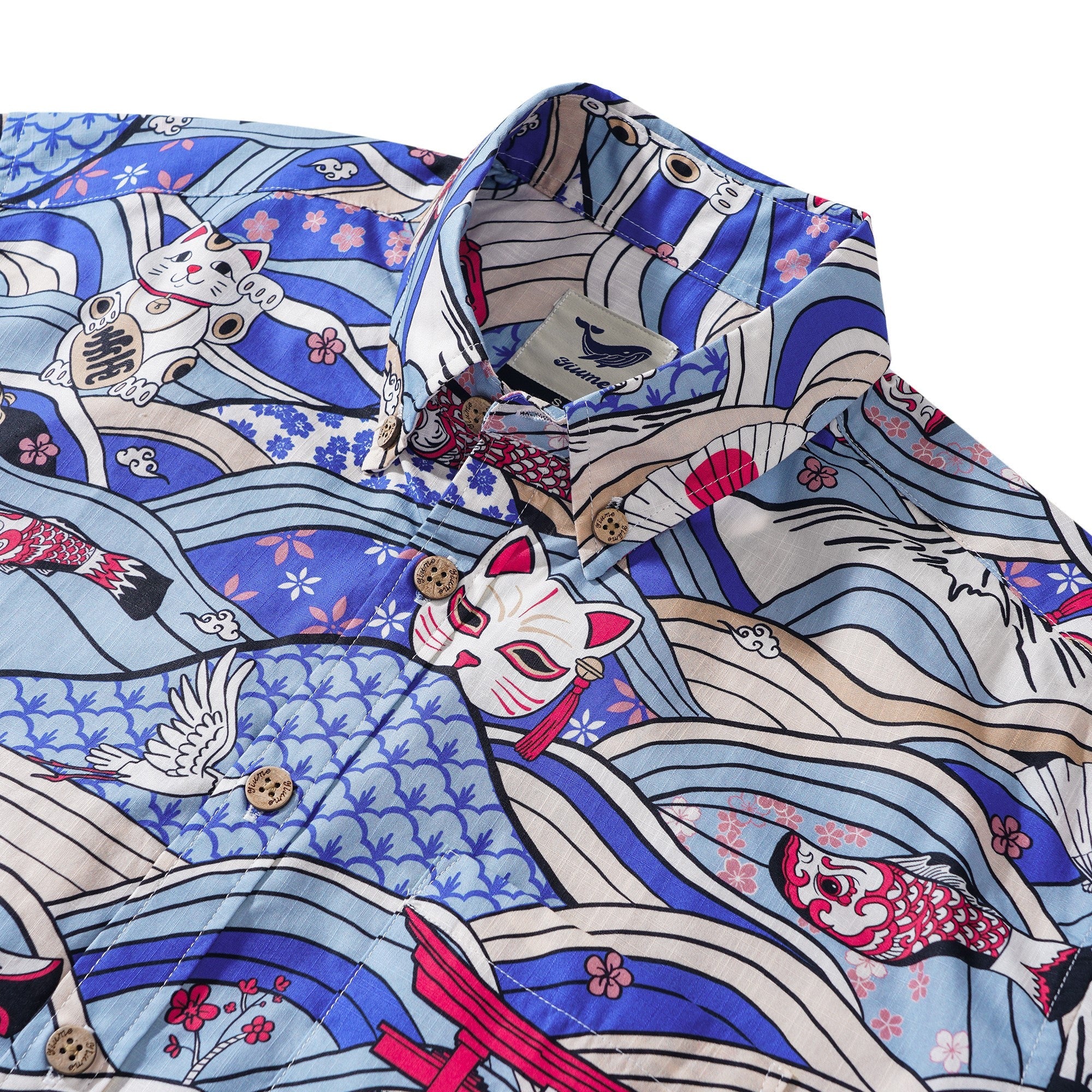 Men's Hawaiian Shirt Short Sleeve Button-down 100% Cotton Beige Aloha Neo-Ukiyo-e