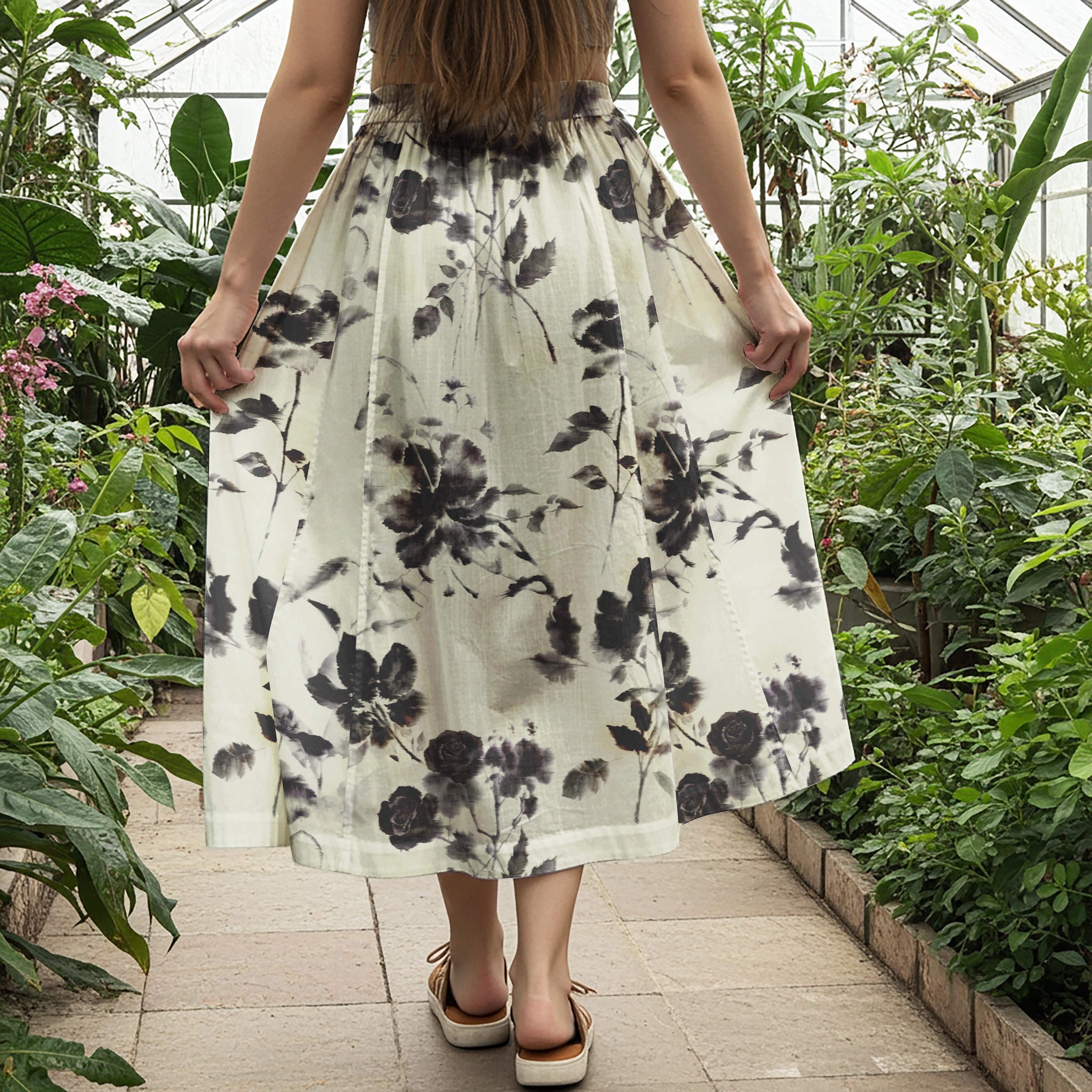 Women Casual Maxi Skirt Long Elastic Waist 100% Cotton Black Aloha Dream Of Ink Flowers