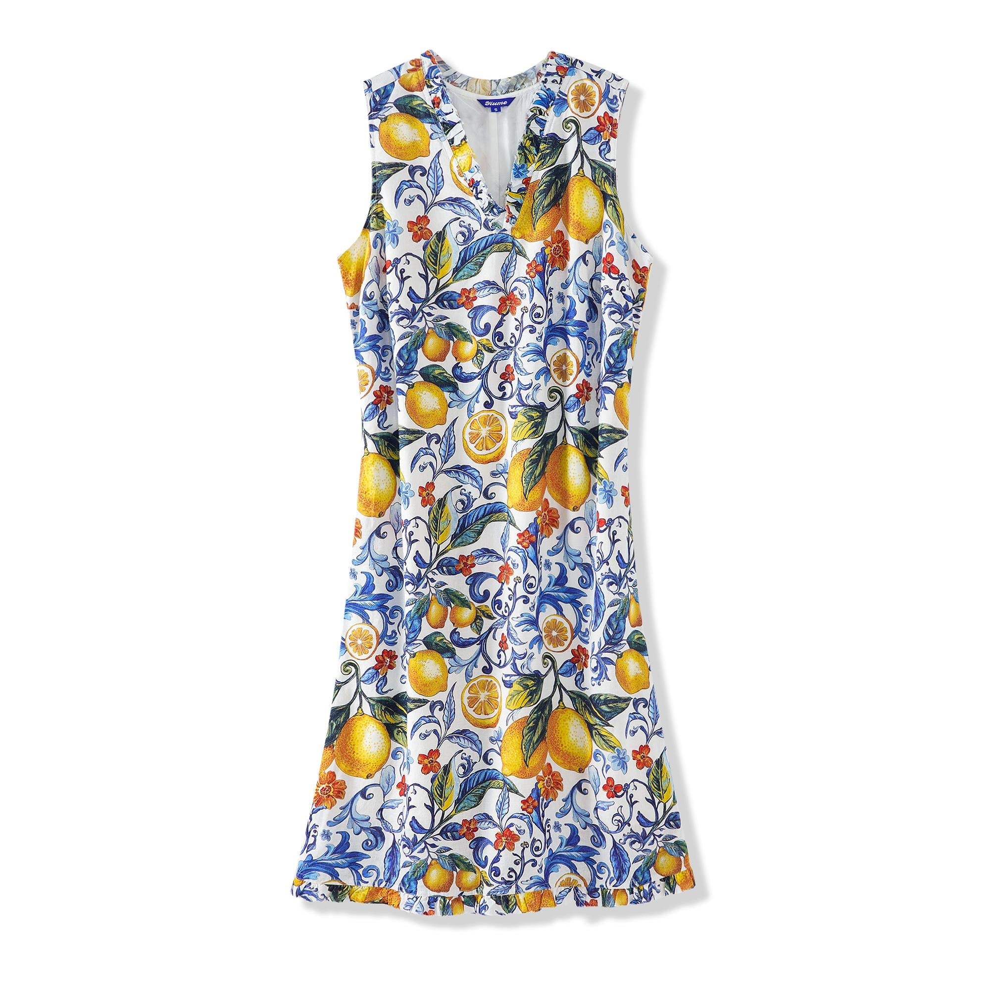 Women's Hawaiian Dress Sleeveless V-neck 55% Linen 45% Rayon Blue Aloha Sicilian Lemon