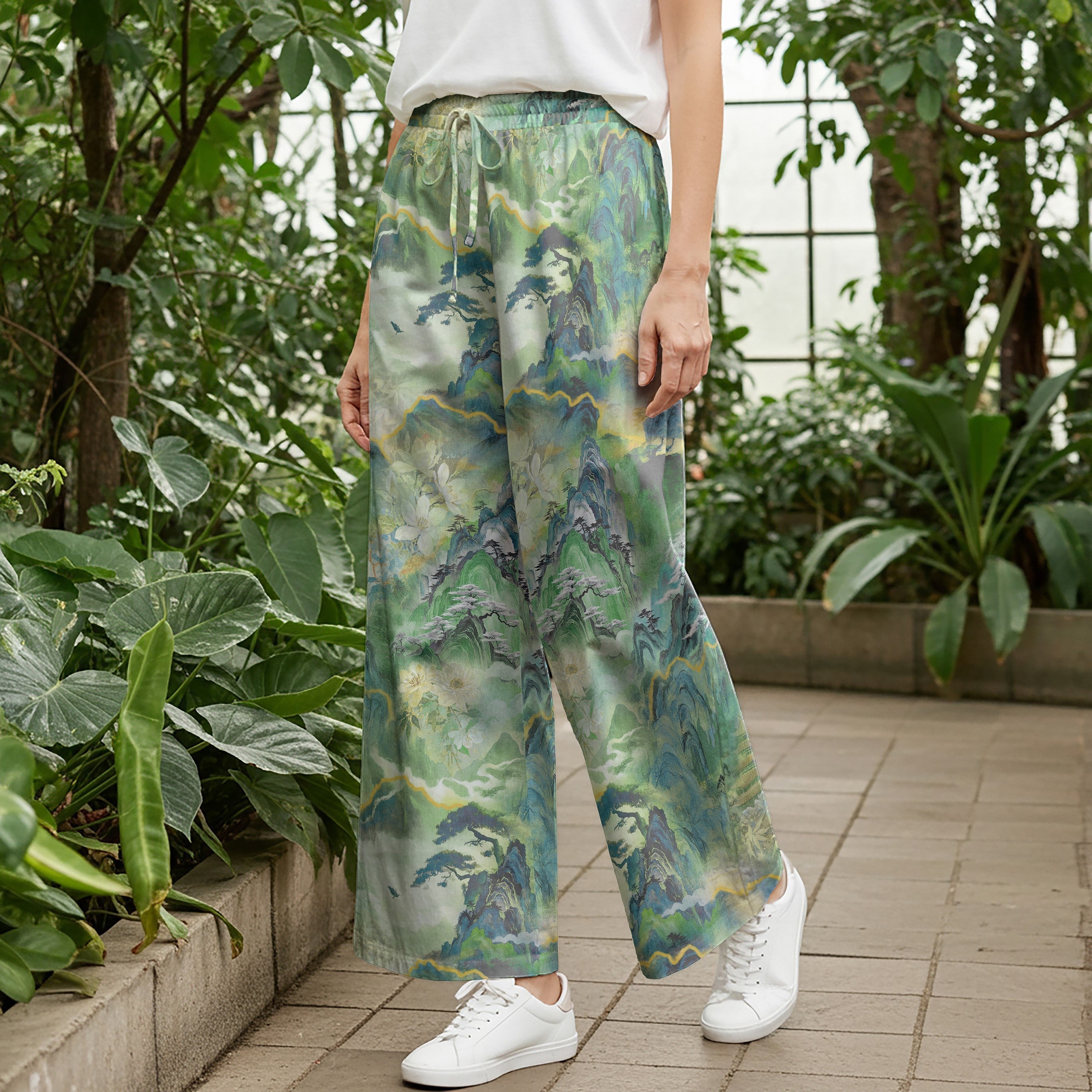 Women Casual Pants Lounge Elastic Waist Drawstring with Pockets 93% Tencel, 7% Linen Green Aloha Emerald Enchanted Mountain Realm