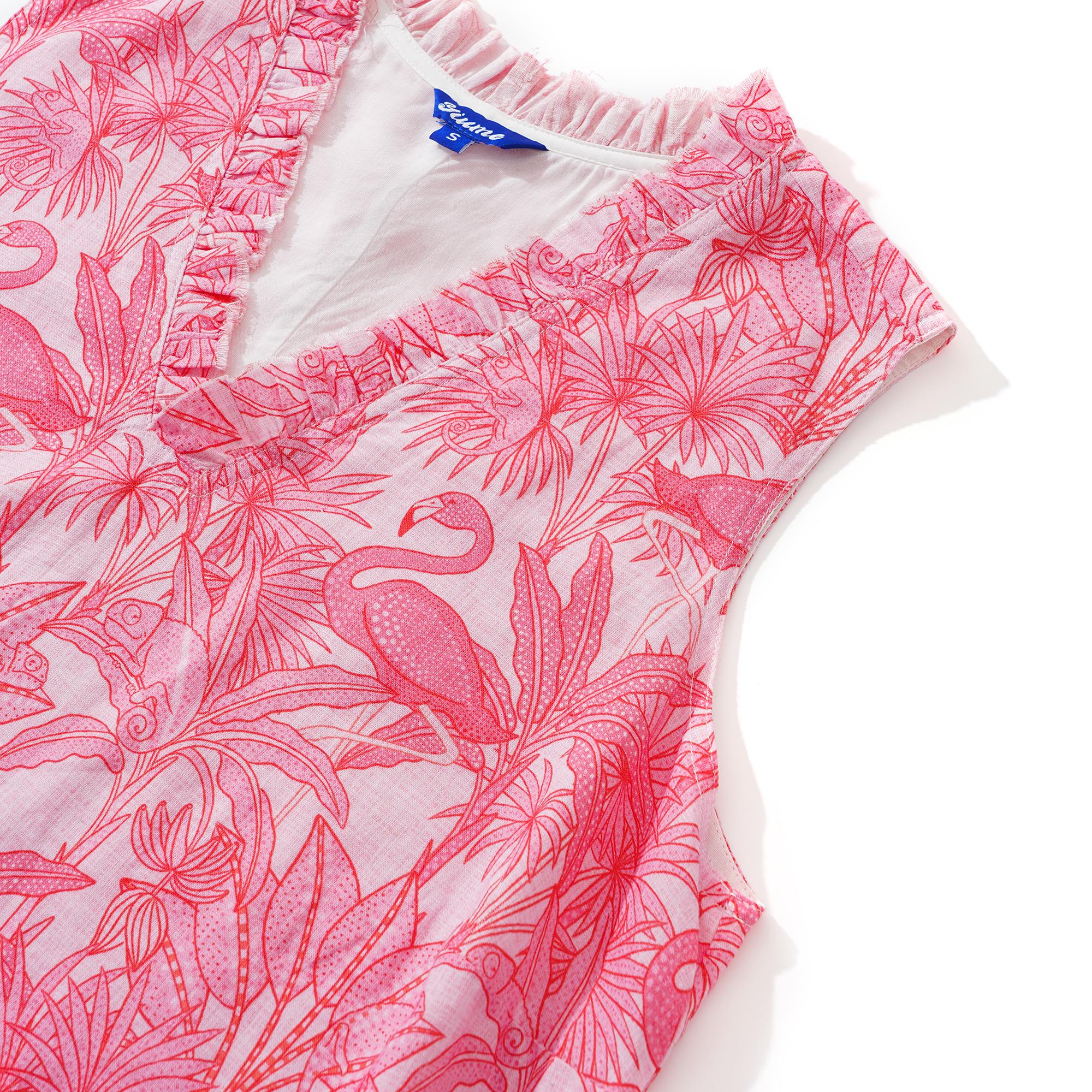 Women's Hawaiian Dress Sleeveless V-neck 55% Linen 45% Rayon Aloha Flamingos & Chameleons By House of Haricot