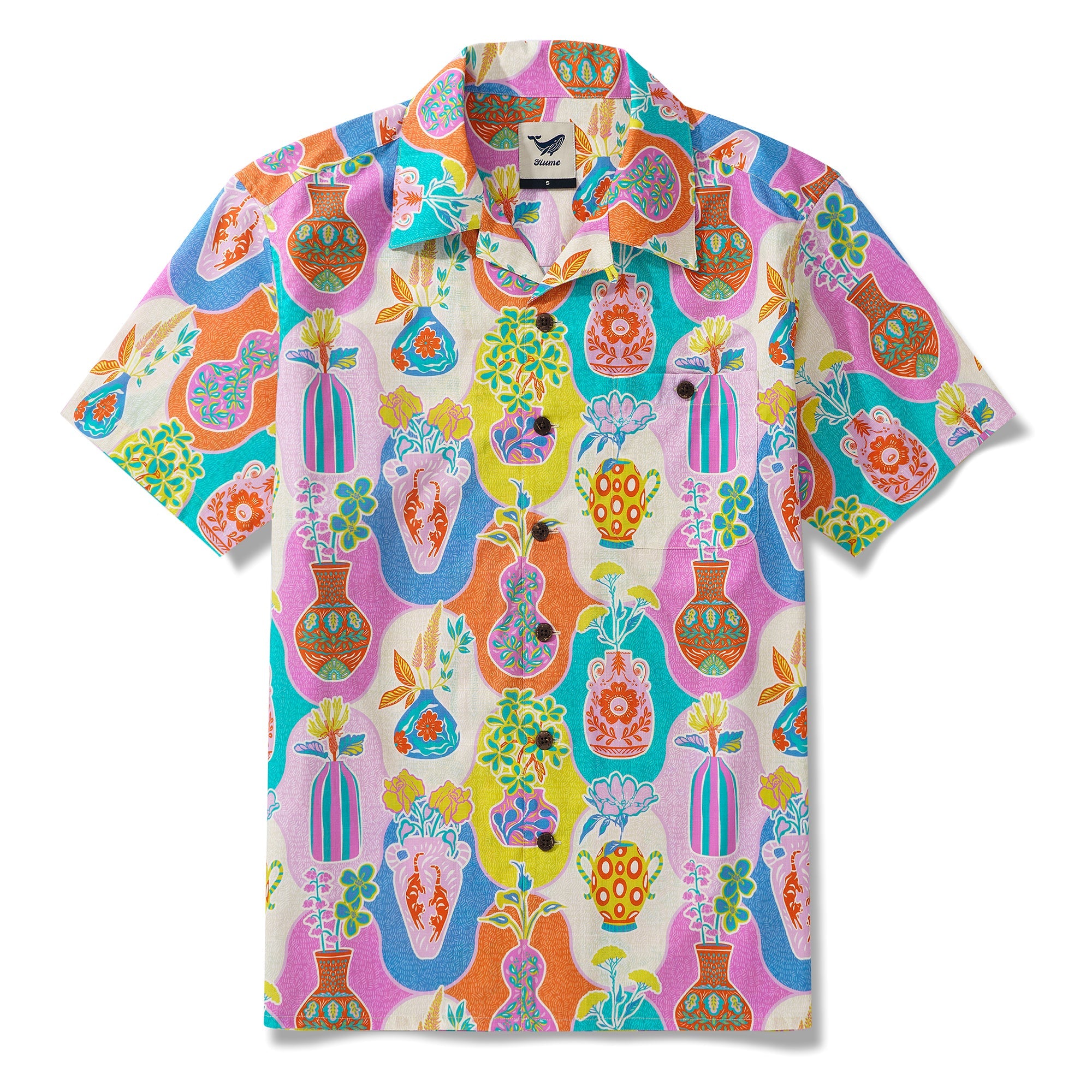 Vibrant Hawaiian-Style Vases 100% Cotton Men's Aloha Hawaiian Short Sleeve Camp Collar Shirt