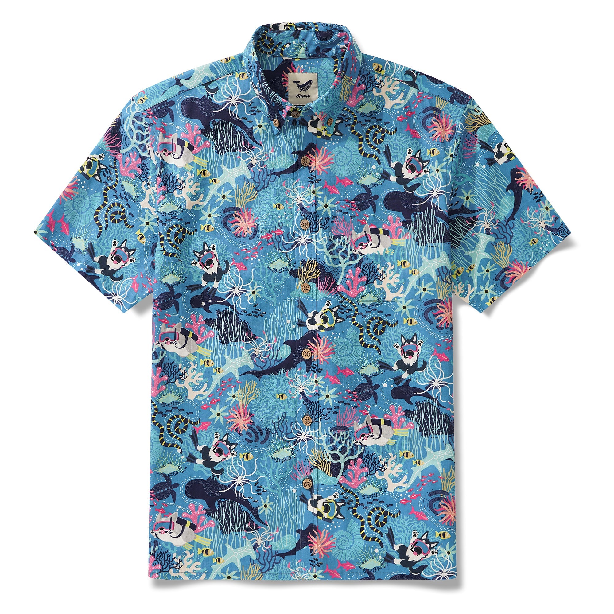 Men's Hawaiian Shirt Short Sleeve Button-down 100% Cotton Blue Aloha Dive Pup