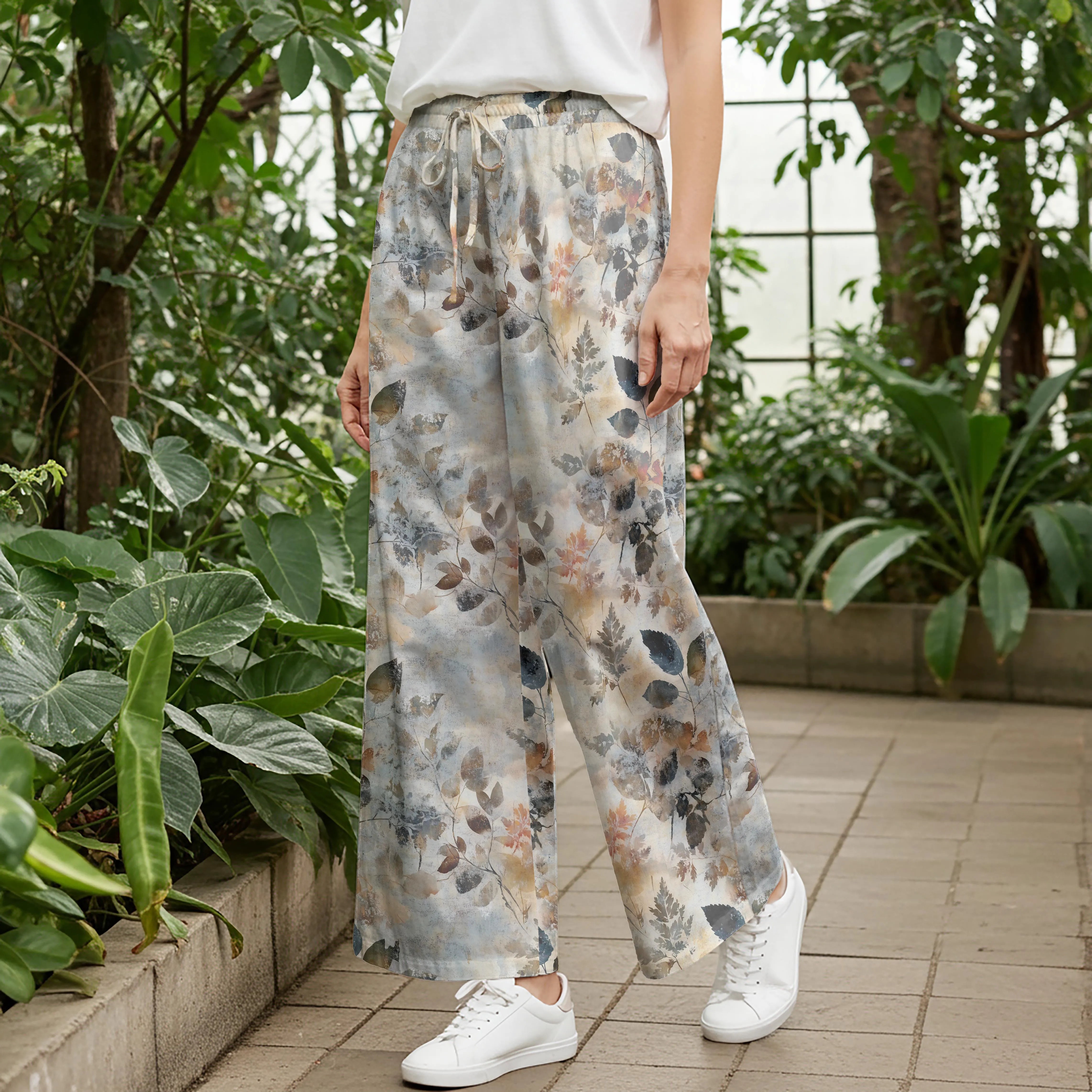 Women Casual Pants Lounge Elastic Waist Drawstring with Pockets 93% Tencel, 7% Linen Brown Aloha Autumn Hues