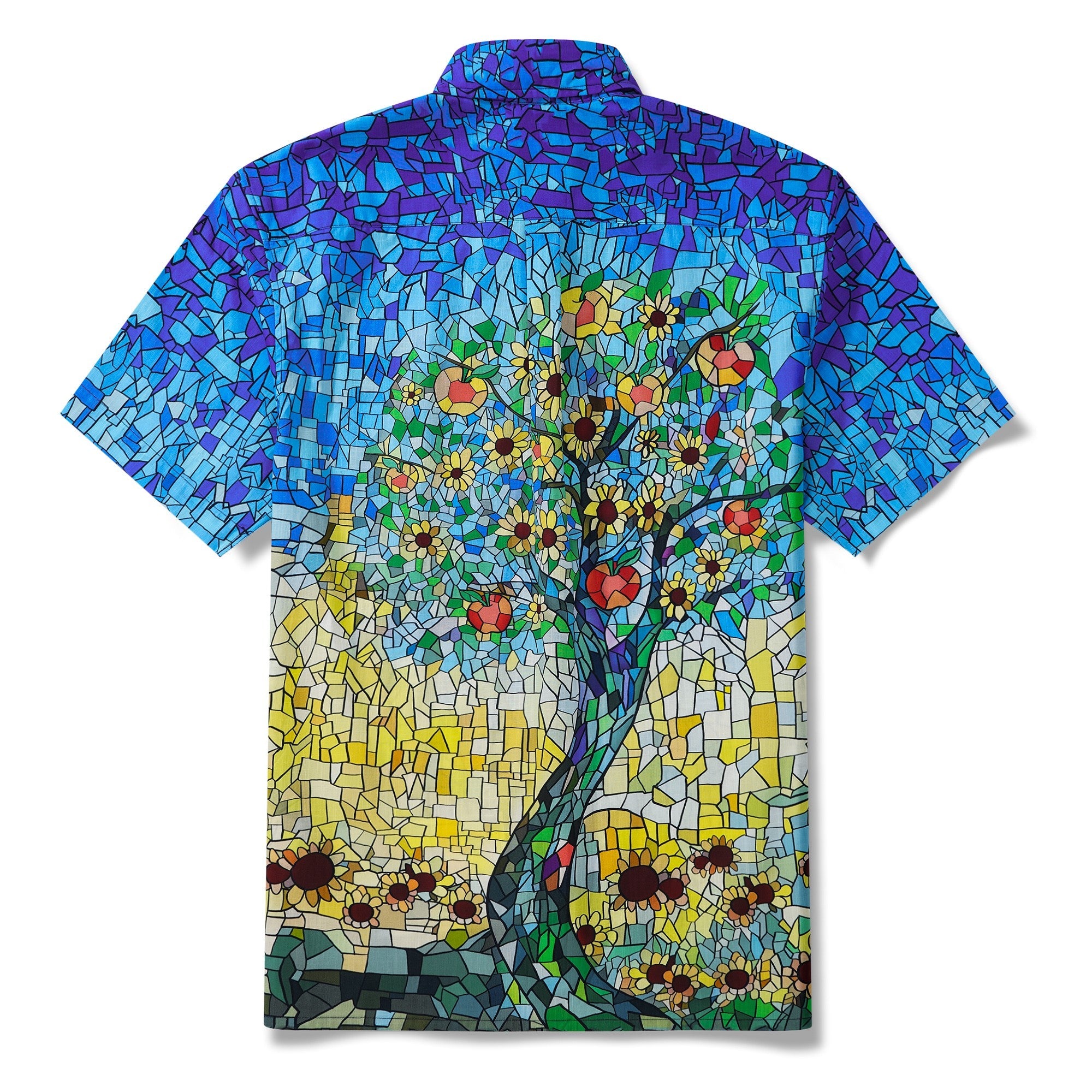 Men's Hawaiian Shirt Short Sleeve Button-down 100% Cotton Blue Aloha Sunlit Glass Orchard