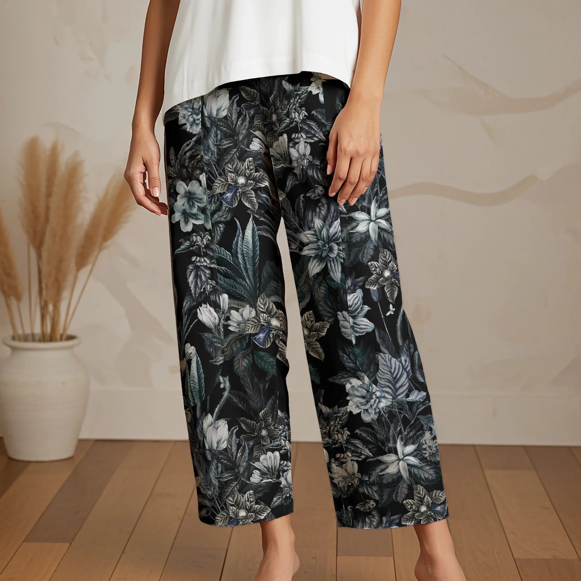 Women Casual Ankle Pants Lounge Elastic Waist with Pockets 93% Lyocell, 7% Linen Black Aloha Night Garden