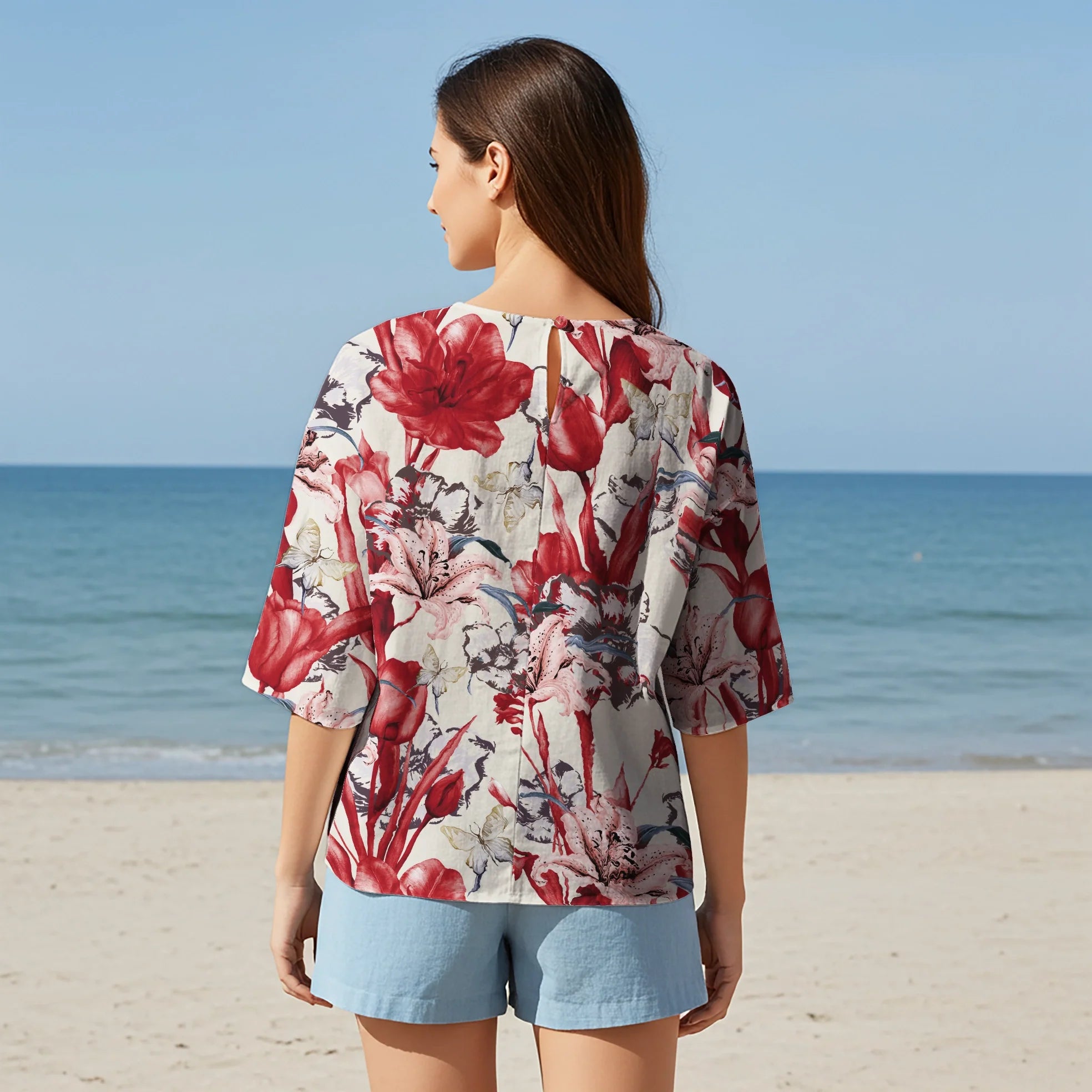 Women Casual Blouse Elbow Sleeve Crew Neck Button-Back 95% Lyocell, 5% Linen Red Aloha Courtly Butterfly Dream