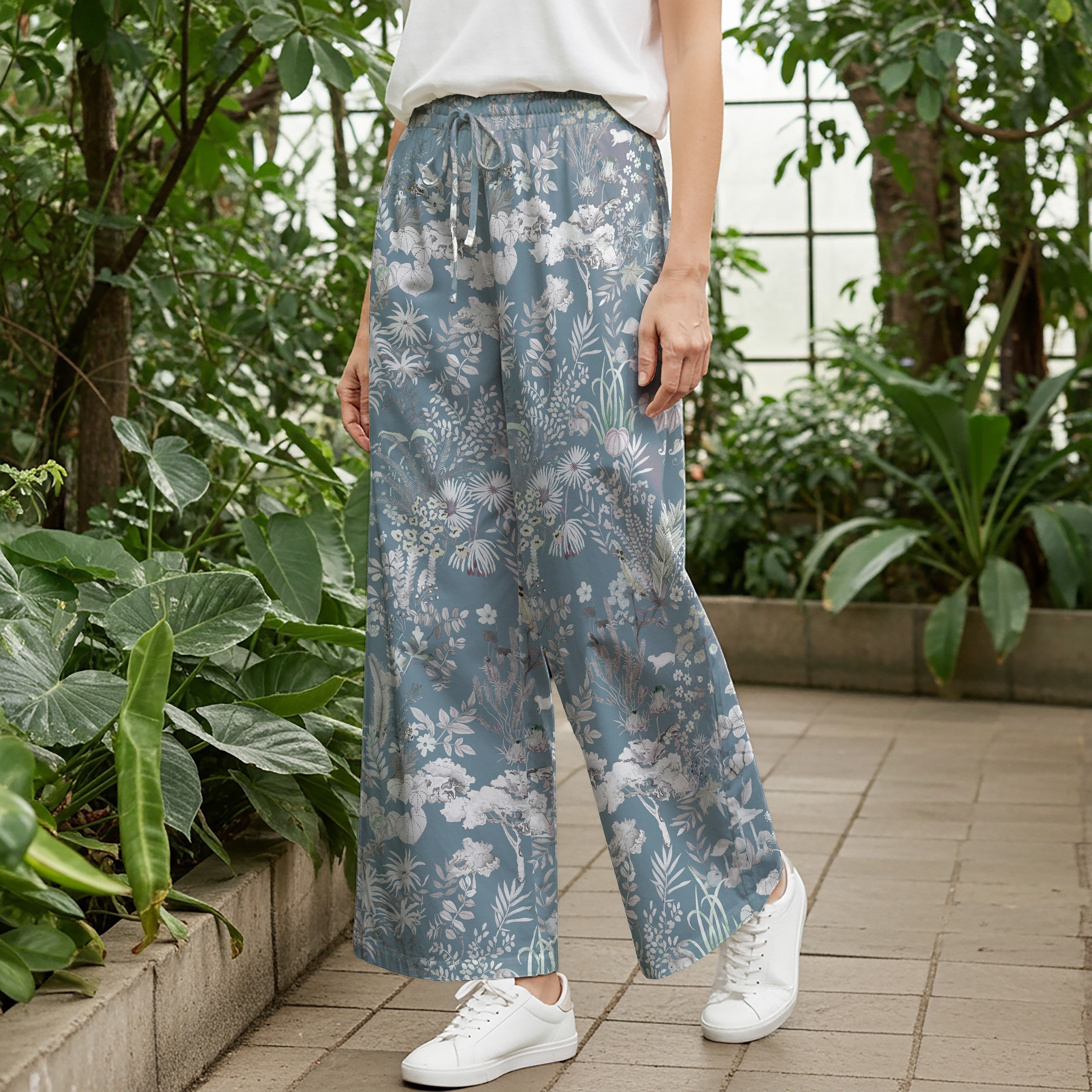 Women Casual Pants Lounge Elastic Waist Drawstring with Pockets 93% Tencel, 7% Linen Blue Aloha Enigmatic Azure Wonderland