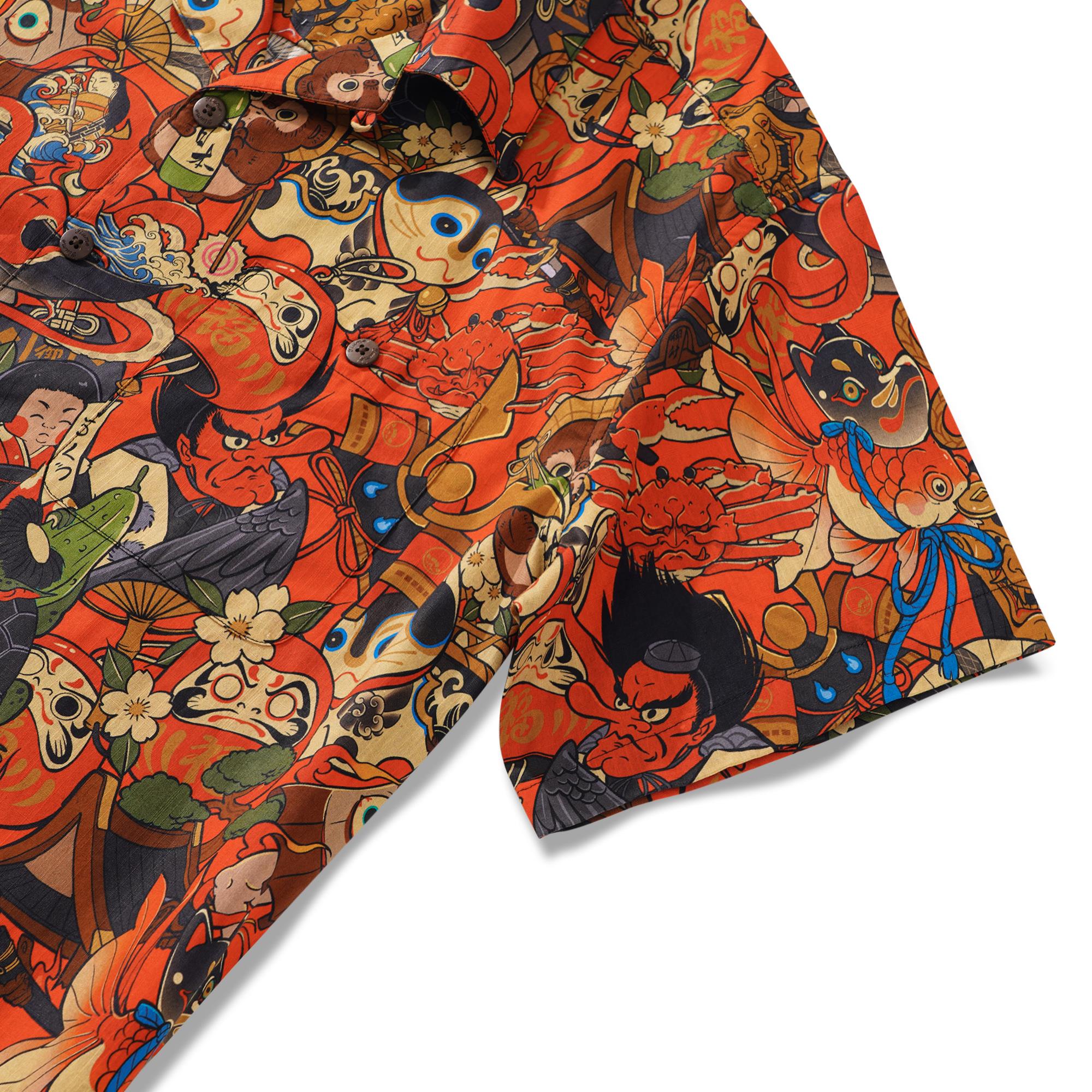 Men's Hawaiian Shirt Short Sleeve Camp Collar 100% Cotton Red Aloha Good Fortune Spirits