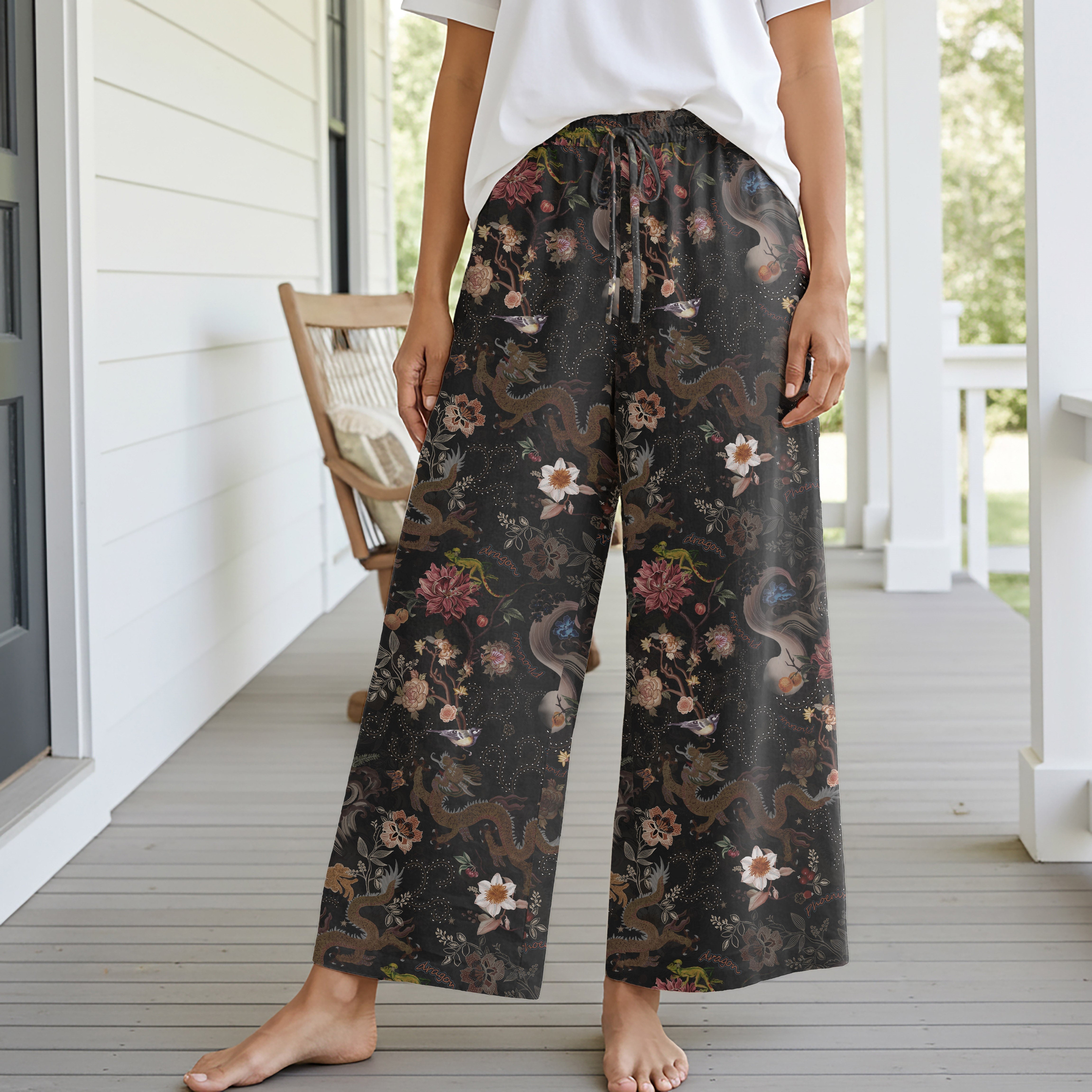 Women Casual Pants Lounge Elastic Waist Drawstring with Pockets 93% Tencel, 7% Linen Black Aloha Ink Charm Eastern Dream