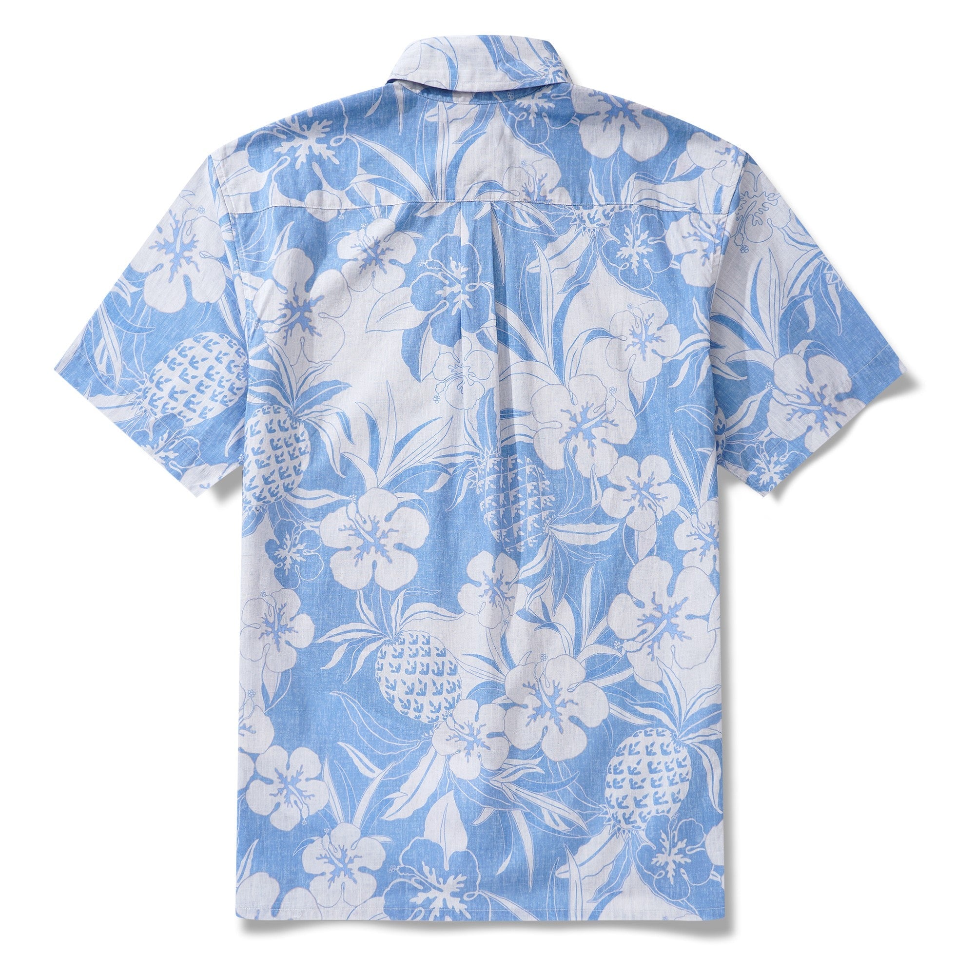 Men's Hawaiian Shirt Short Sleeve Button-down 100% Cotton Blue Aloha Pineapple and Hibiscus Hawaiian Shirt