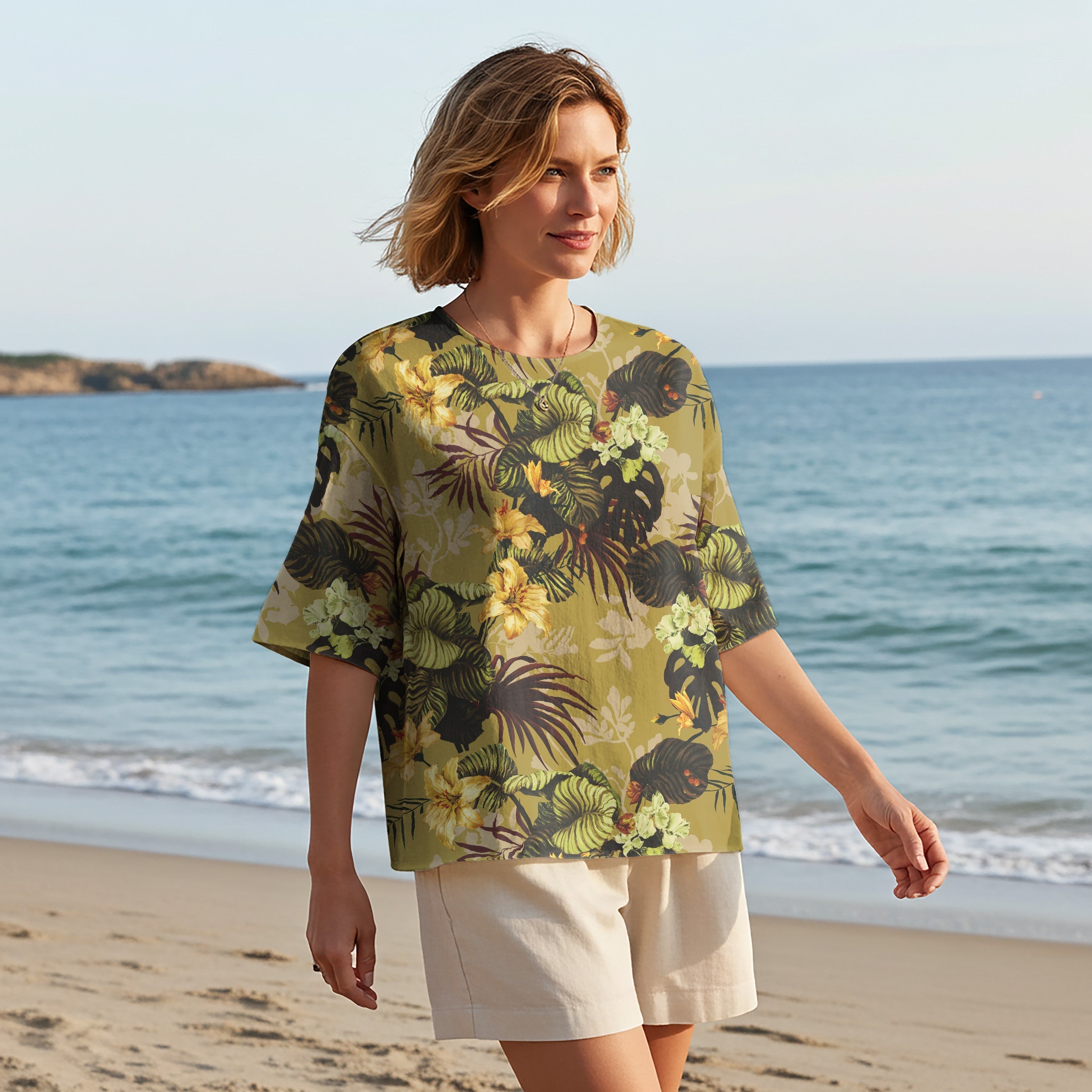 Women Casual Blouse Elbow Sleeve Round Neck Button-Back 95% Tencel, 5% Linen Yellow Aloha Warm Brown Tropical Floral Silhouette