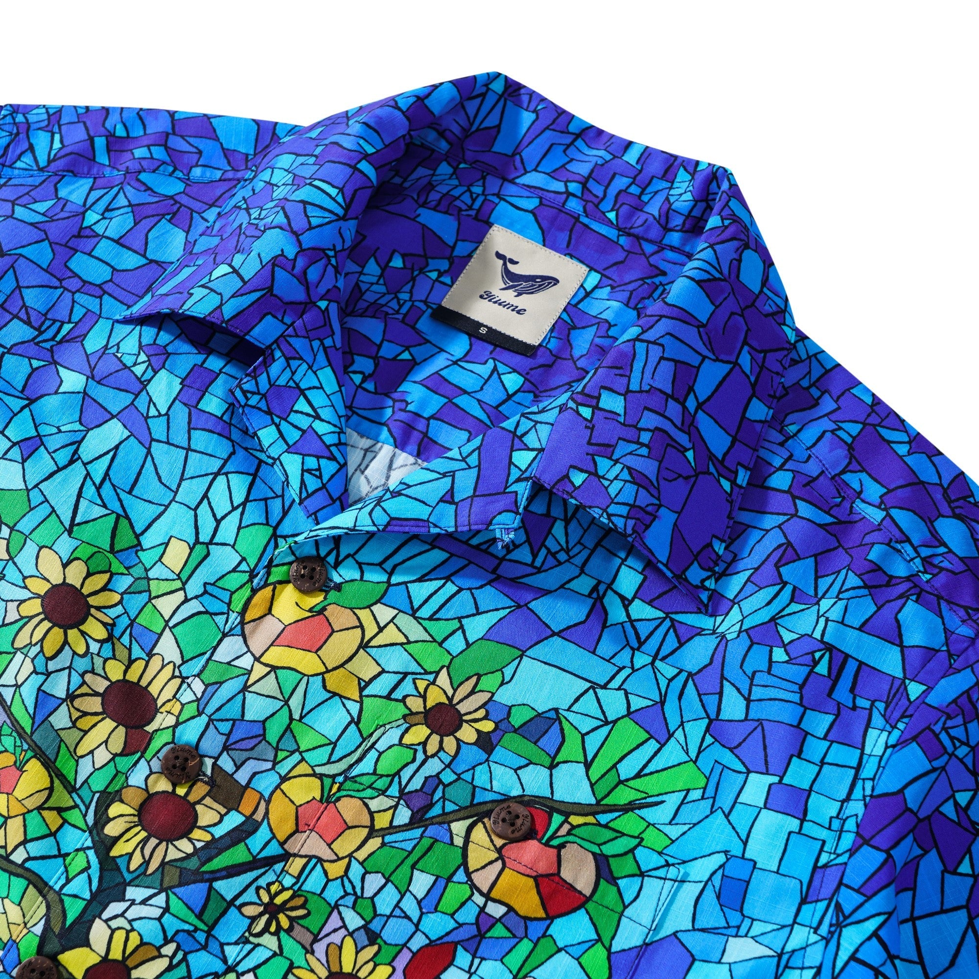 Men's Hawaiian Shirt Short Sleeve Camp Collar 100% Cotton Blue Aloha Sunlit Orchard's Glass Garden