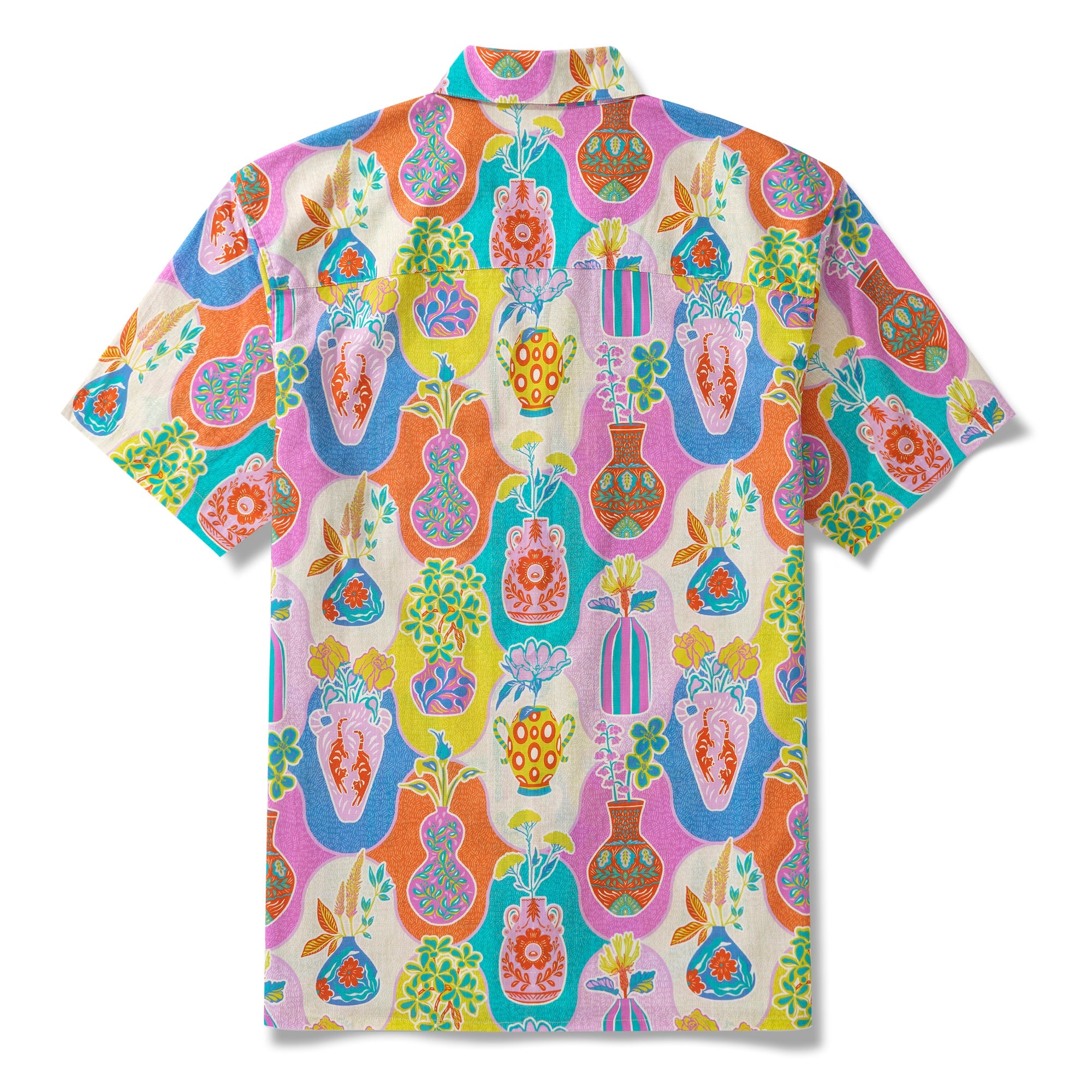 Vibrant Hawaiian-Style Vases 100% Cotton Men's Aloha Hawaiian Short Sleeve Camp Collar Shirt