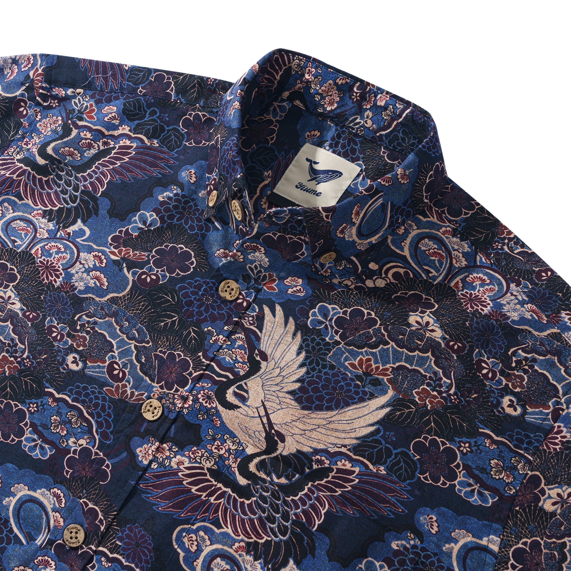 Midnight Blue Crane Reverie 100% Cotton Men's Aloha Hawaiian Long Sleeve Button-down Shirt