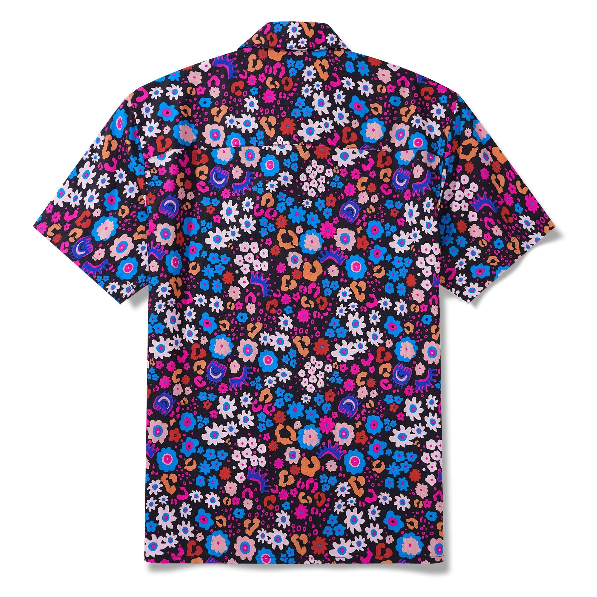 Men's Hawaiian Shirt Short Sleeve Camp Collar 100% Cotton Blue Aloha Enchanted Garden Leopard Print