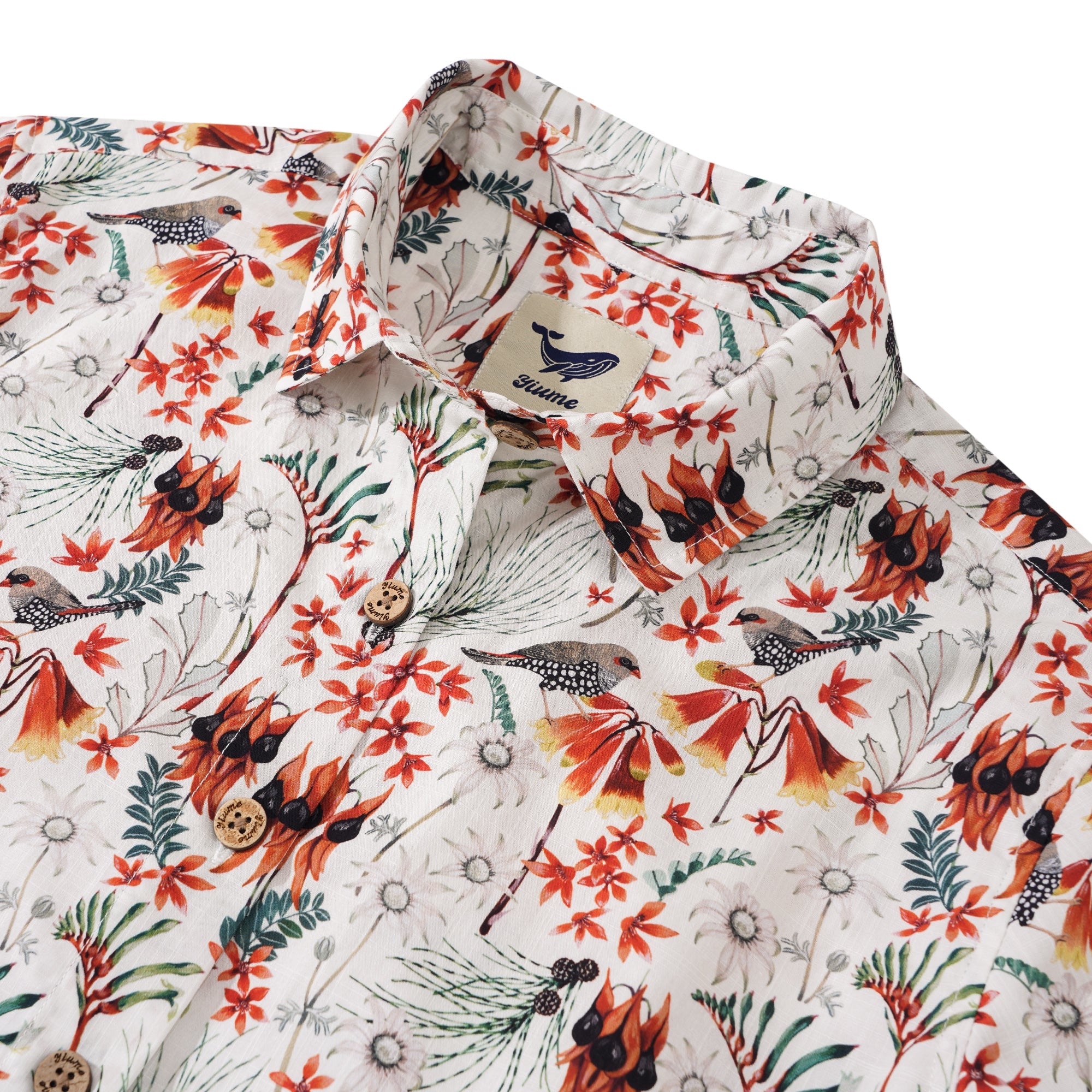 Women's Hawaiian Shirt Short Sleeve Button-up 100% Cotton Green Aloha Firetail Finches By Eloise