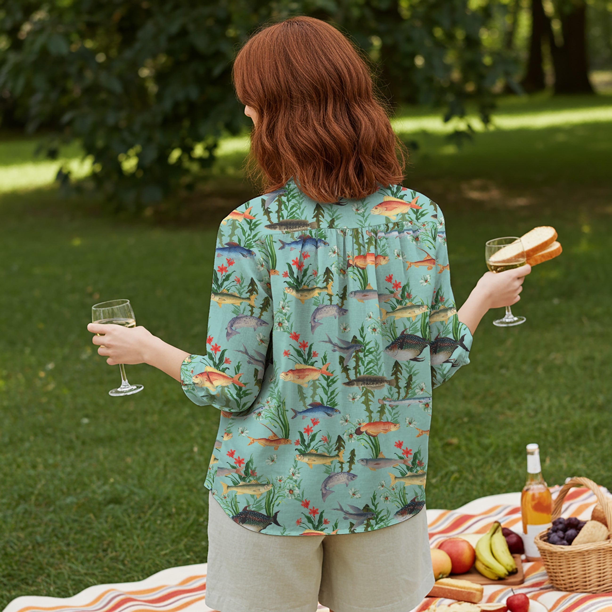 Women Casual Blouse 3/4 Sleeve V-neck Shirt Collar 95% Tencel, 5% Linen Green Aloha Azure Sea Creatures Scroll