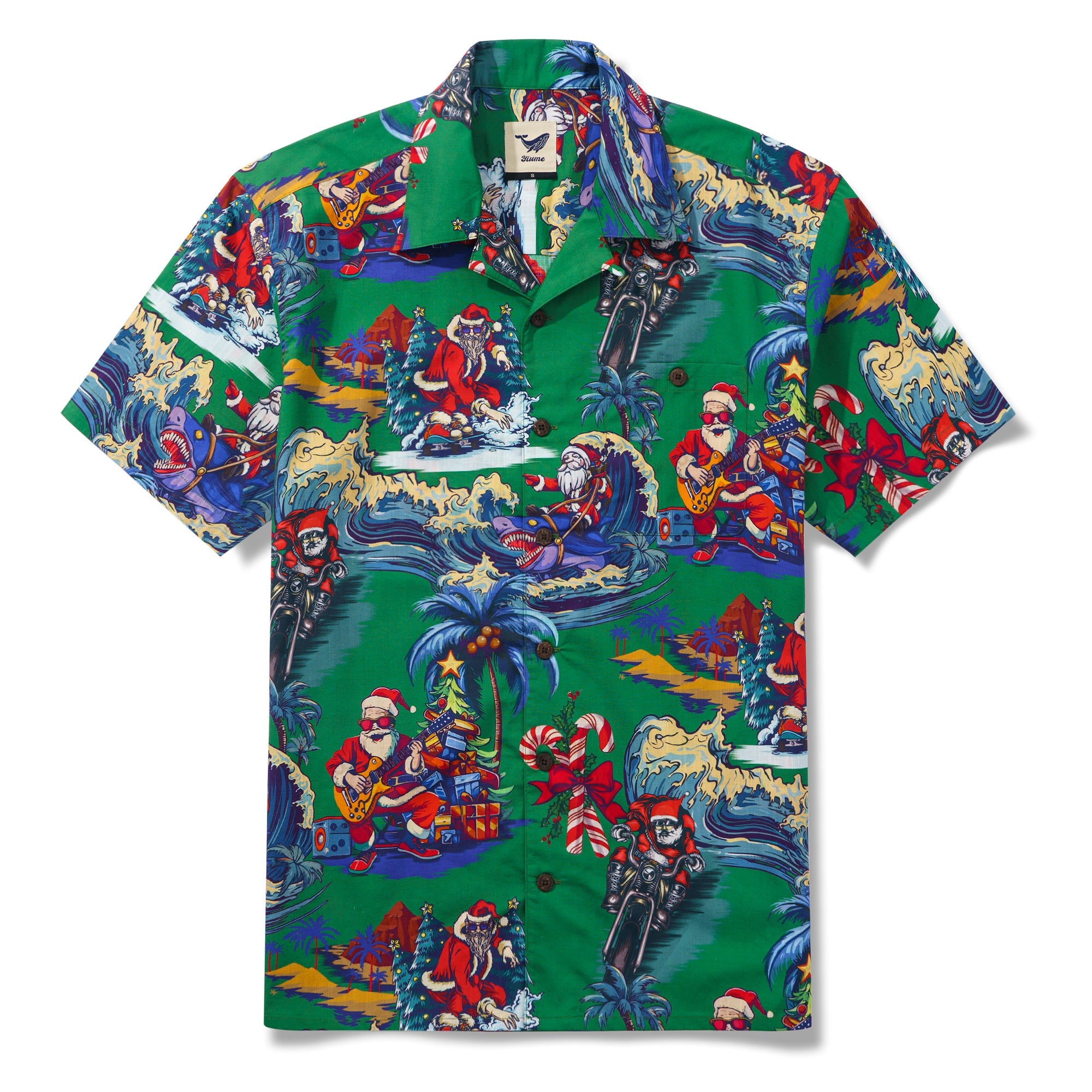 Christmas Santa Claus in Hawaii 100% Cotton Men's Aloha Hawaiian Short Sleeve Camp Collar Shirt