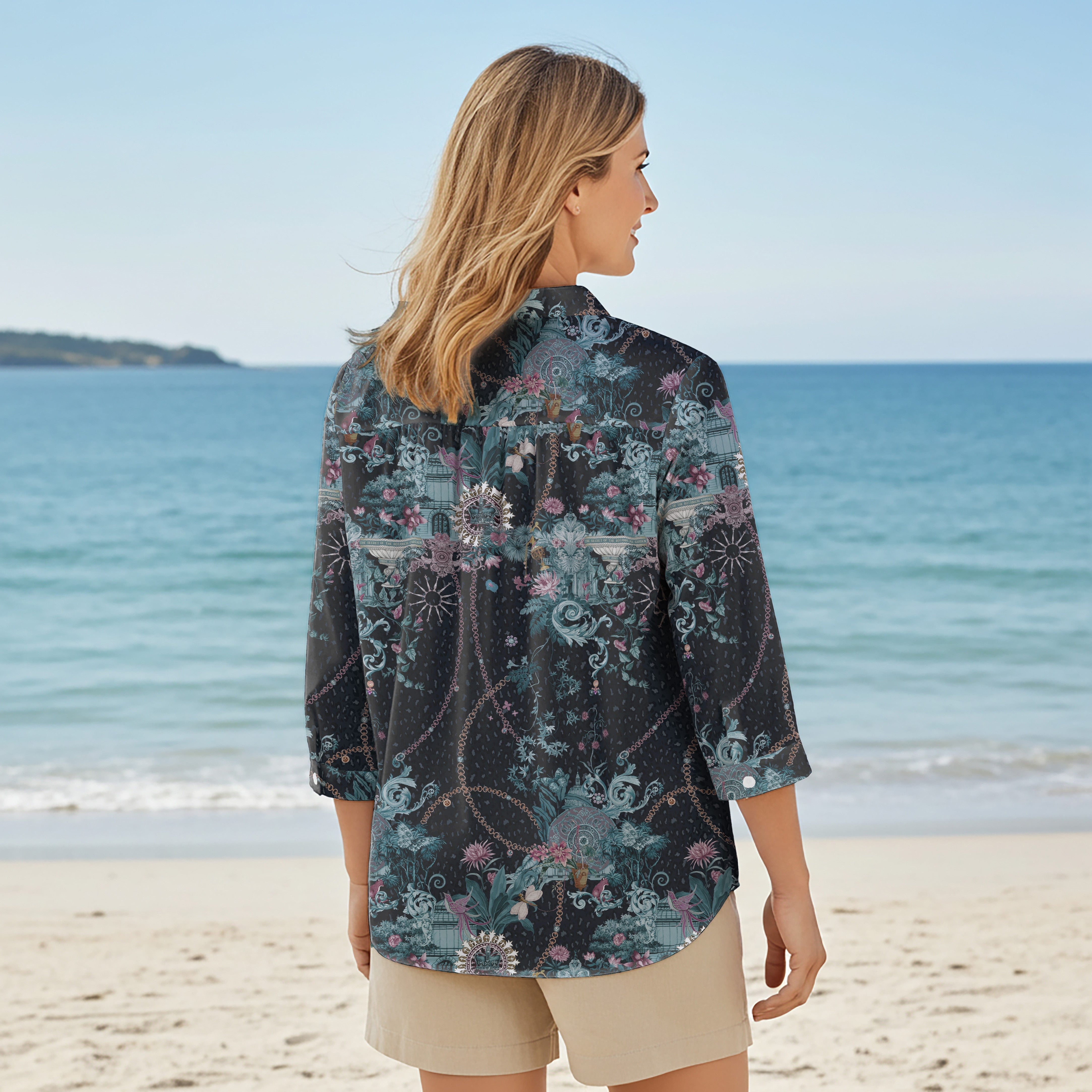 Women Casual Blouse 3/4 Sleeve V-neck Shirt Collar 100% Tencel Black Aloha Enchanting Prelude Of The Hidden Botanical Gardens