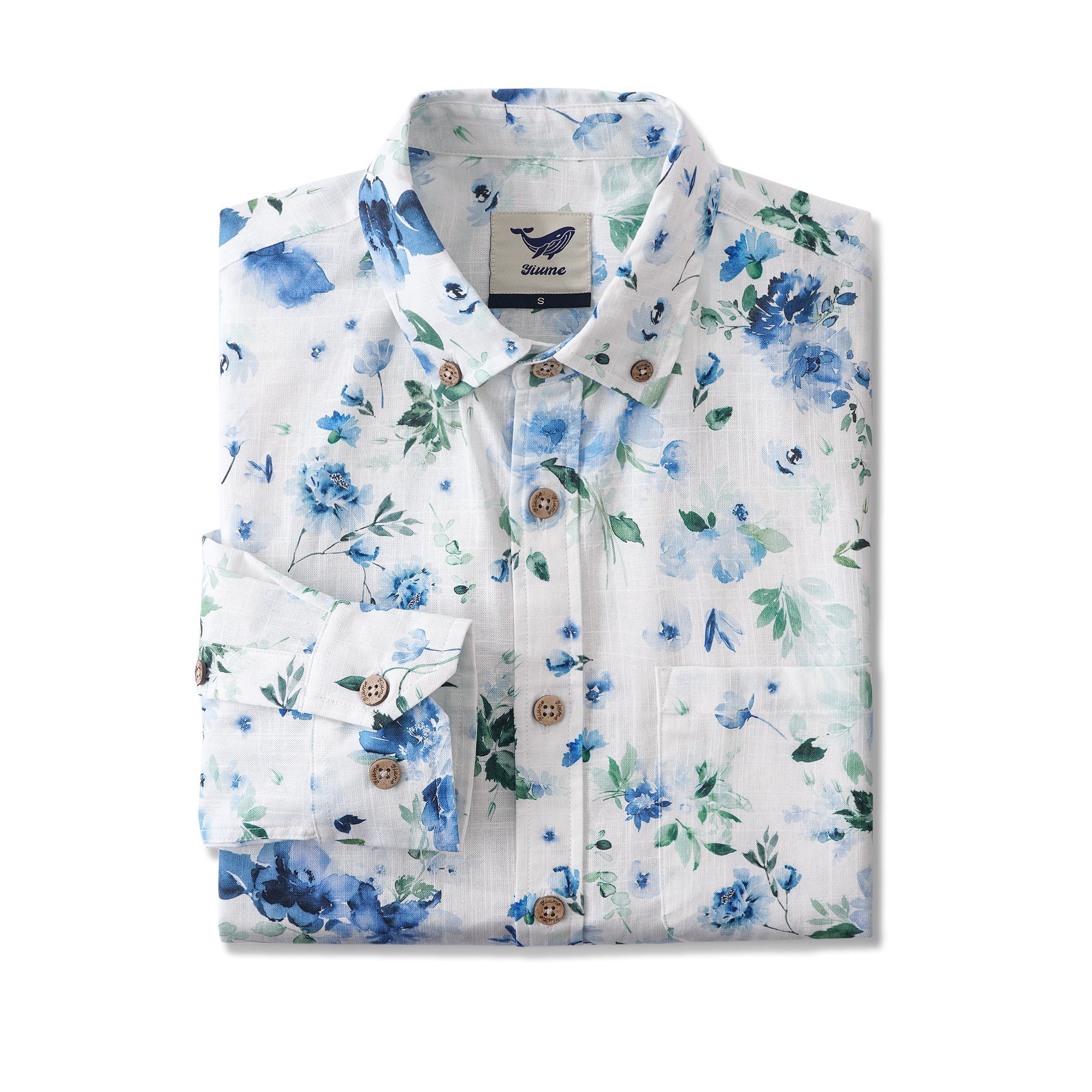 Gentle Breeze 100% Cotton Men's Long Sleeve Button-down Shirt White Aloha Hawaiian