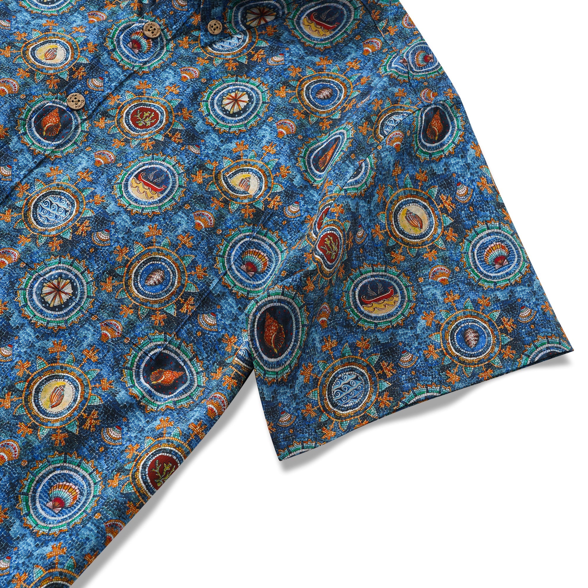 Men's Hawaiian Shirt Short Sleeve Button-down 100% Cotton Blue Aloha Shell Mosaic