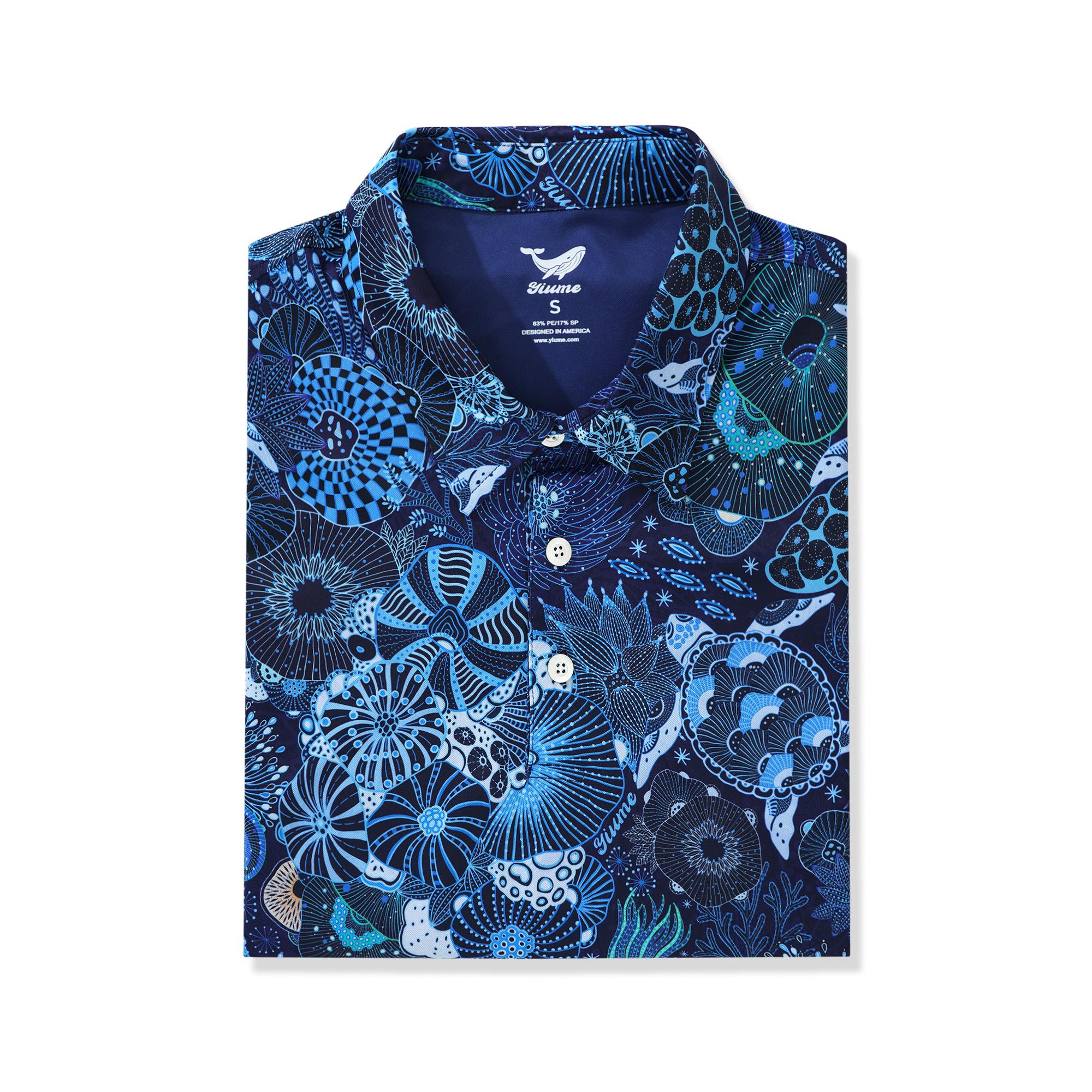 Men's Hawaiian Polo Shirt Short Sleeve 83% Recycled polyester 17% Spandex Blue Aloha Grammar of the Coral