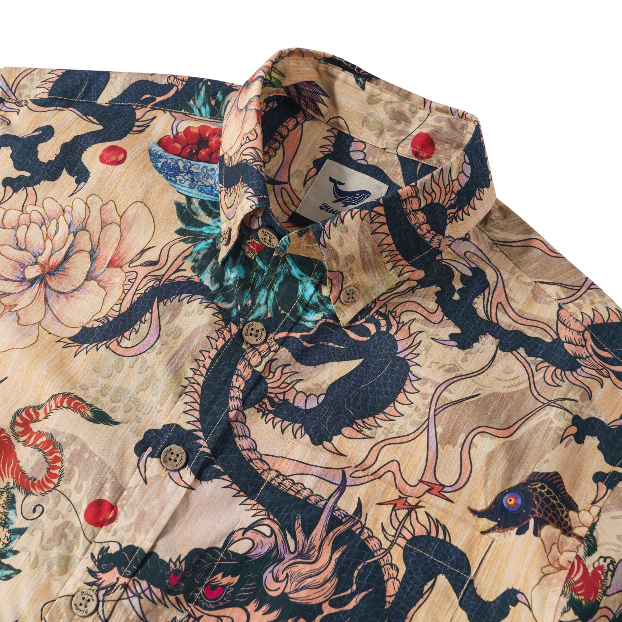 Dragon Dance and Cherry Blossoms 100% Cotton Men's Short Sleeve Button-down Shirt Aloha Hawaiian