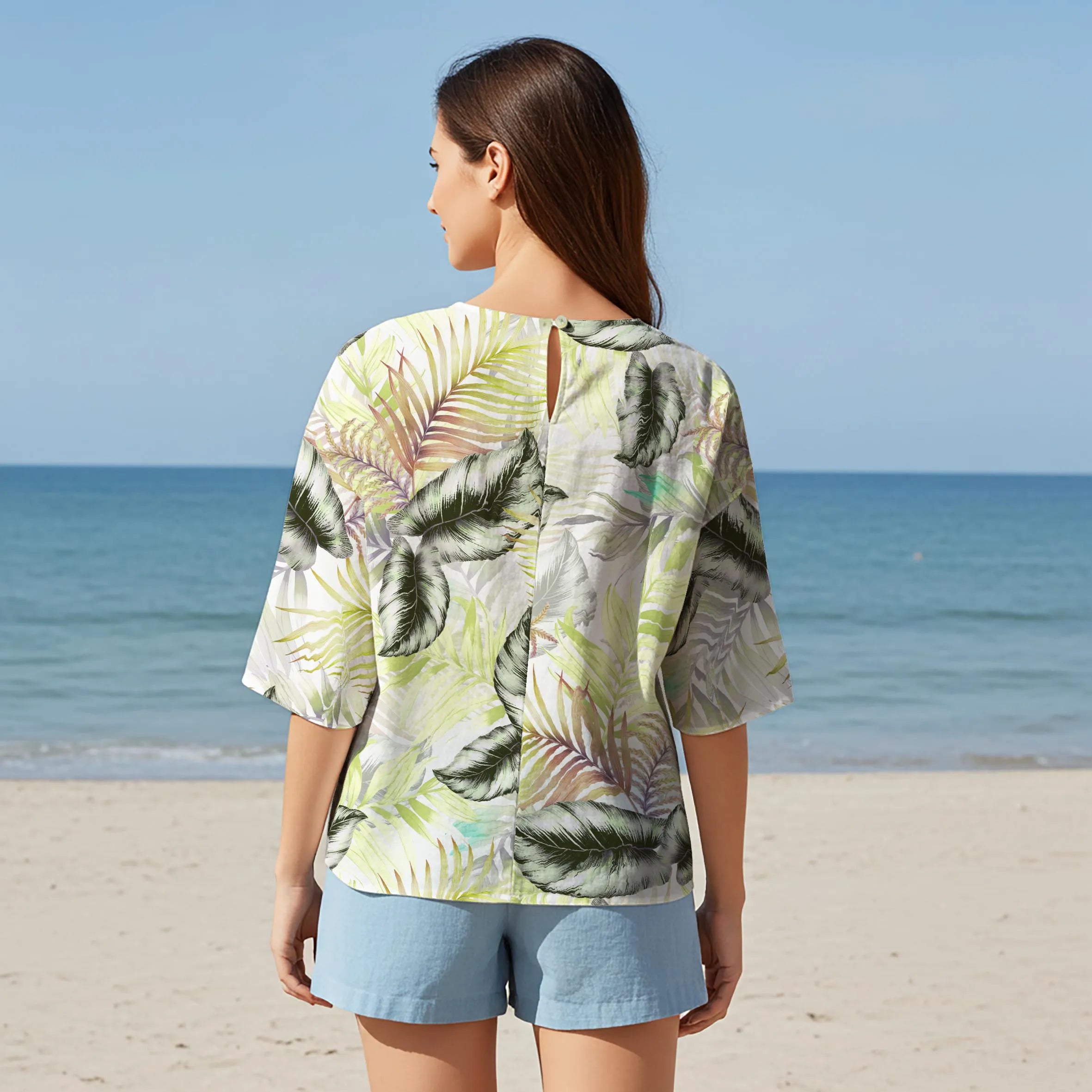 Women Casual Blouse Elbow Sleeve Round Neck Button-Back 95% Lyocell, 5% Linen Yellow Aloha Fantasy Tropical Foliage