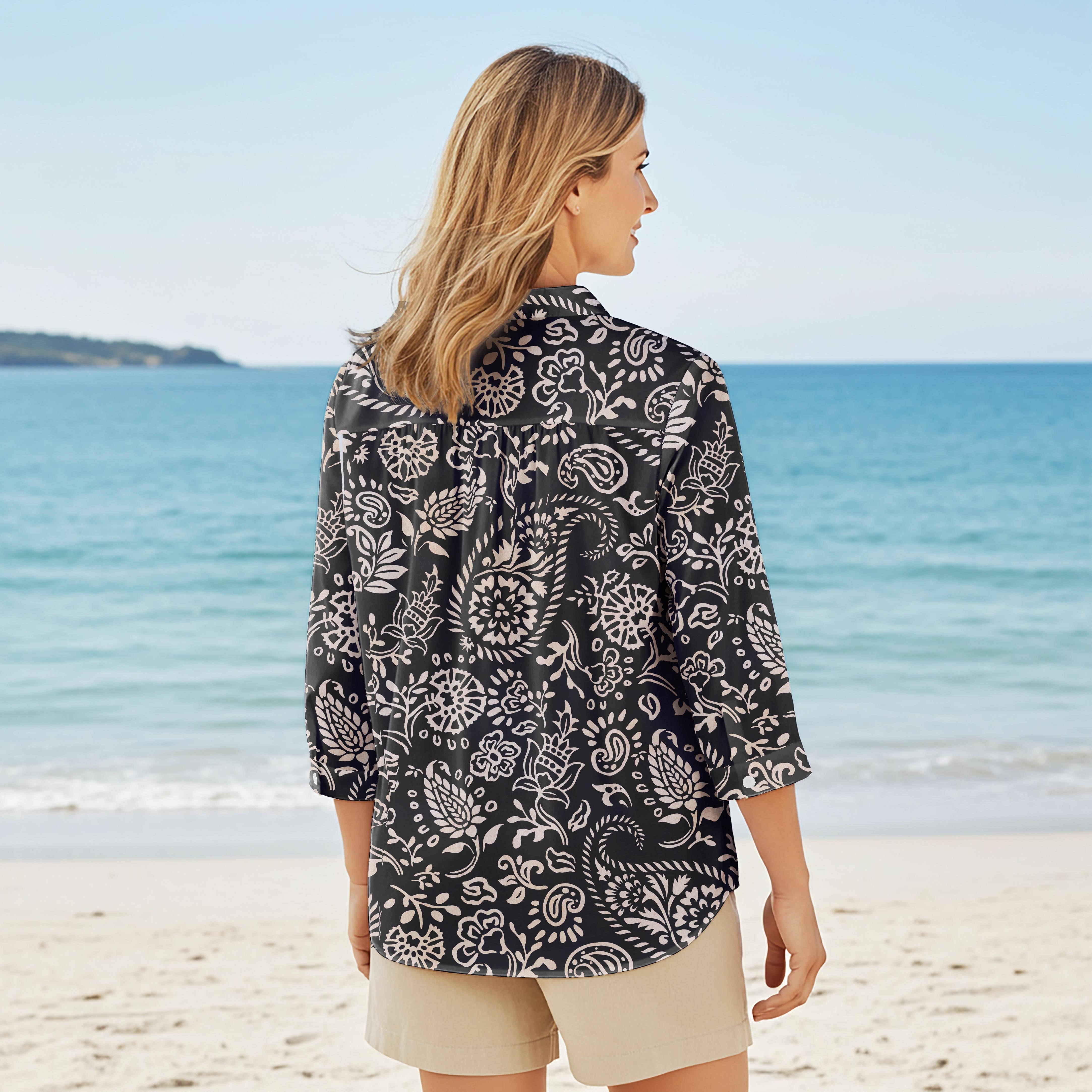 Women Casual Blouse 3/4 Sleeve V-neck Shirt Collar 76% Tencel, 24% Linen Black Aloha Elegant Paisley