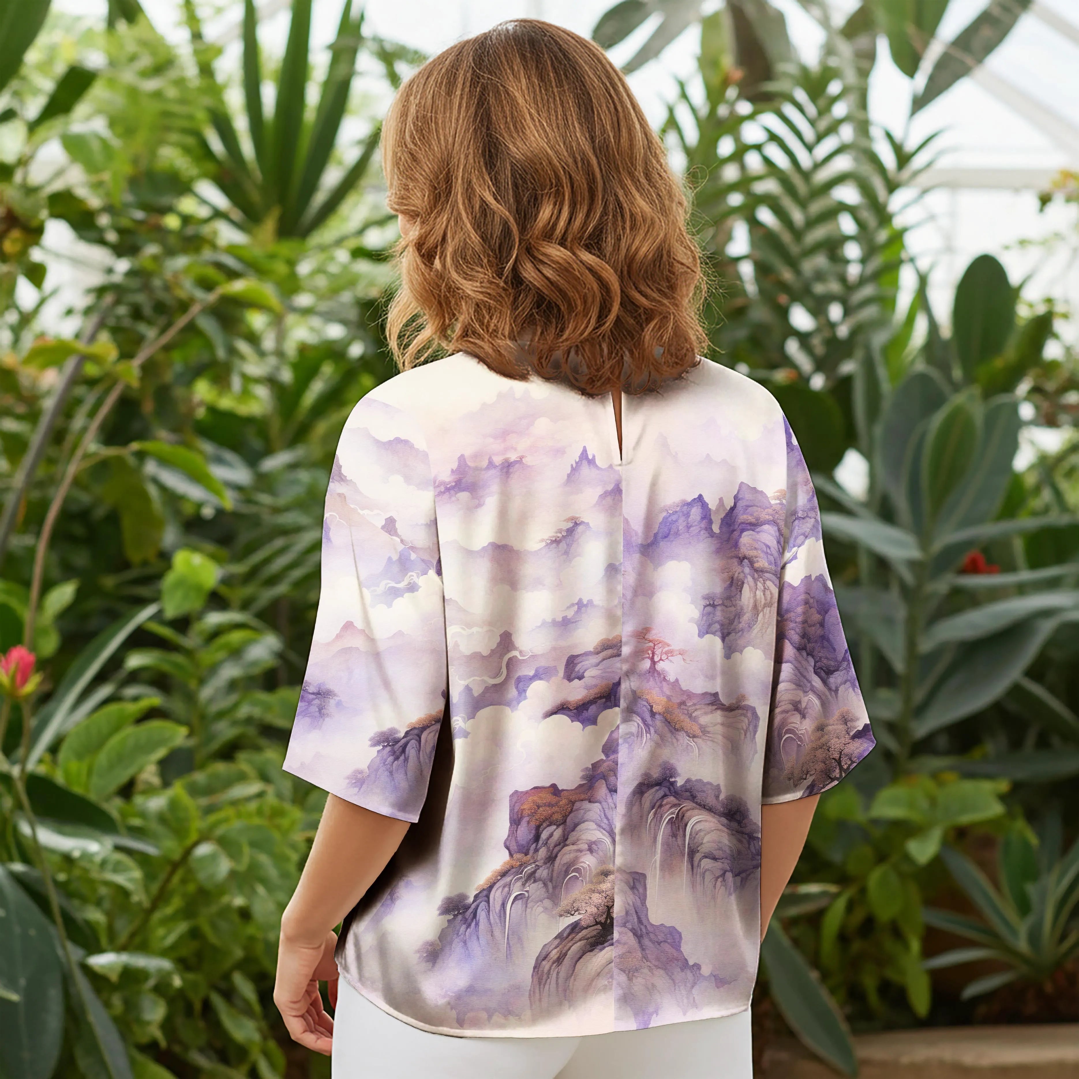 Women Casual Blouse Elbow Sleeve Round Neck Button-Back 100% Tencel Purple Aloha Psychedelic Cactus