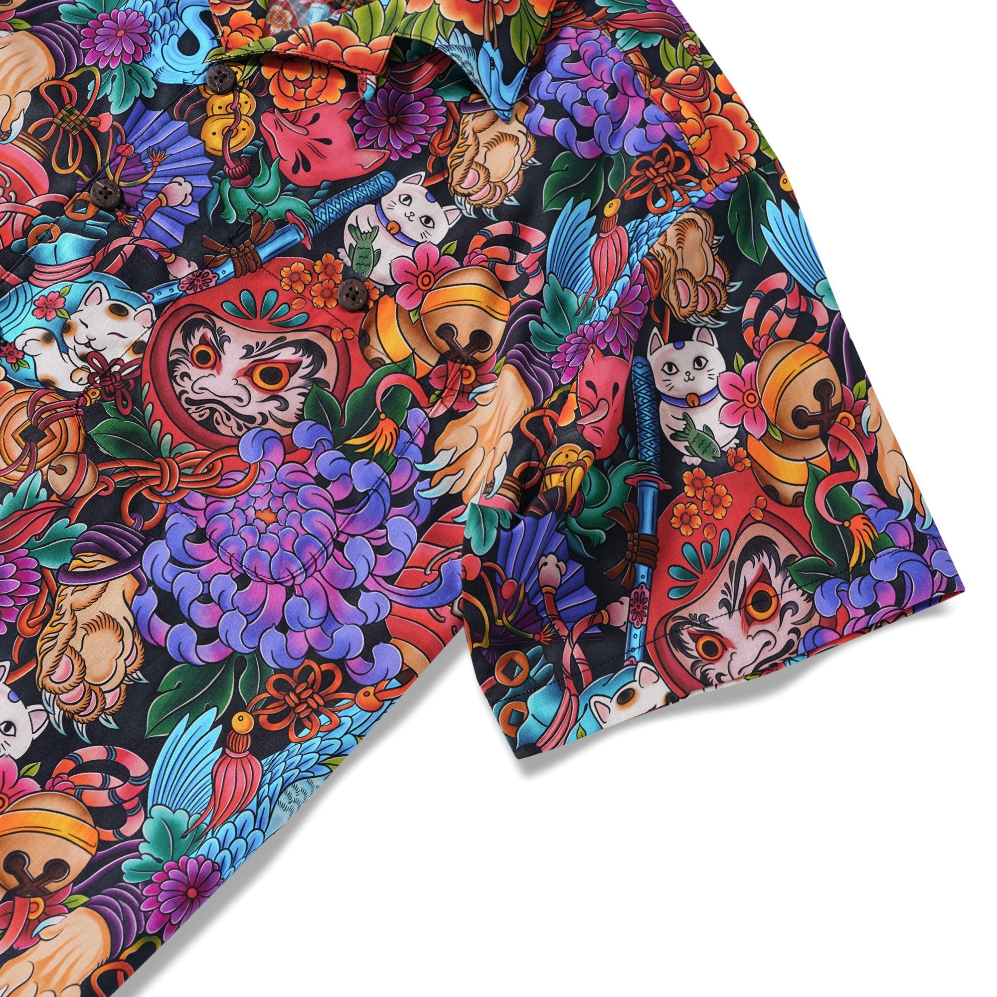 Men's Hawaiian Shirt Short Sleeve Camp Collar 100% Cotton Black Aloha Tokyo Whimsy By Geetanjali Behera, Gee