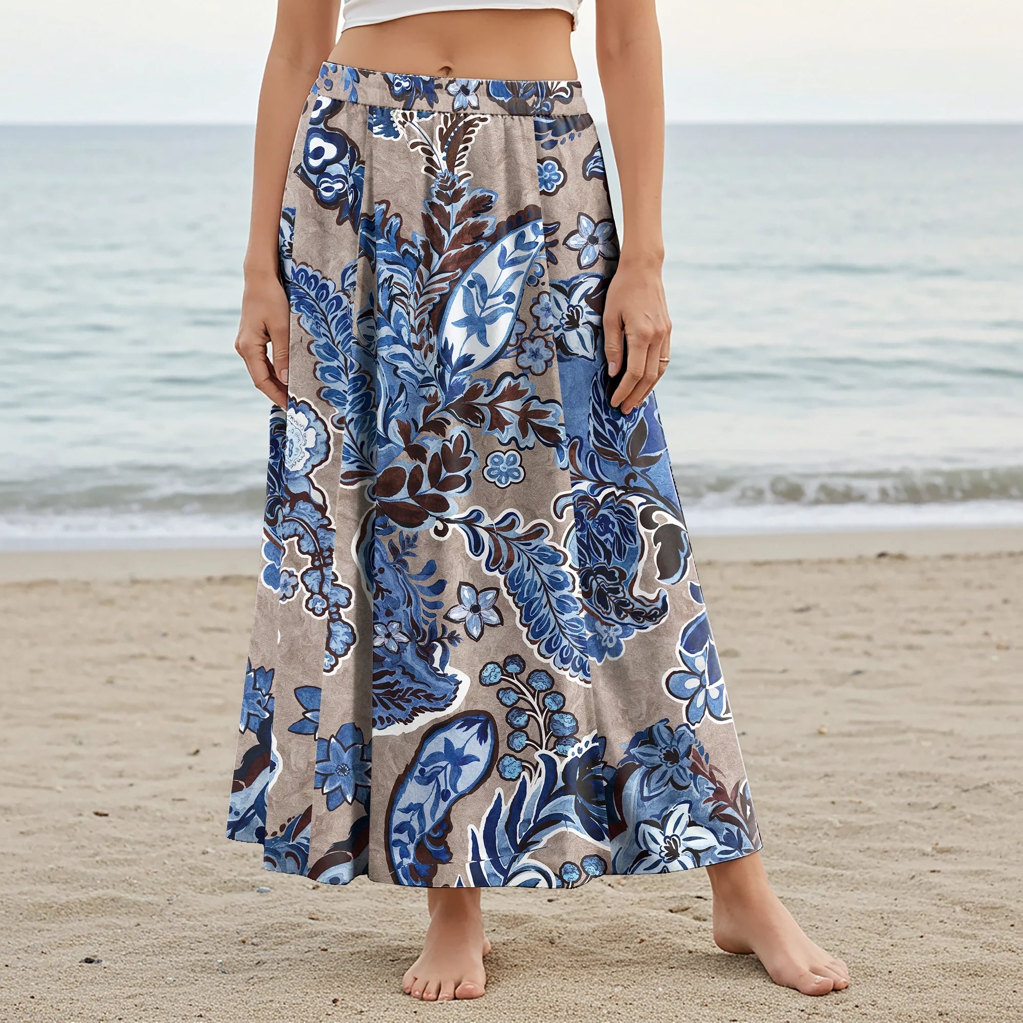 Women Casual Maxi Skirt Long Elastic Waist with Pockets 100% Cotton Blue Aloha Vintage Blue Melodies