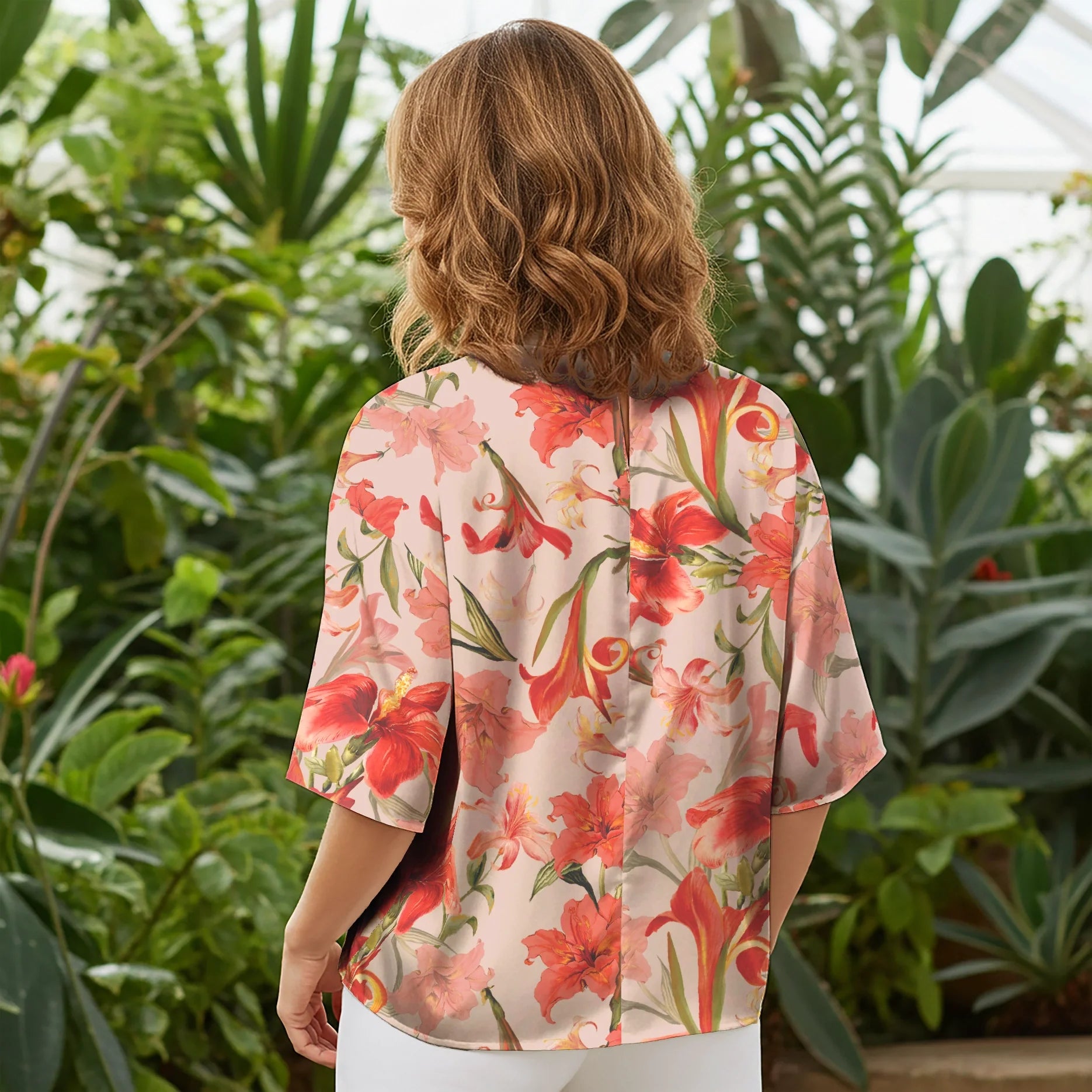 Women Casual Blouse Elbow Sleeve Round Neck Button-Back 100% Tencel Orange Aloha Vibrant Blooms