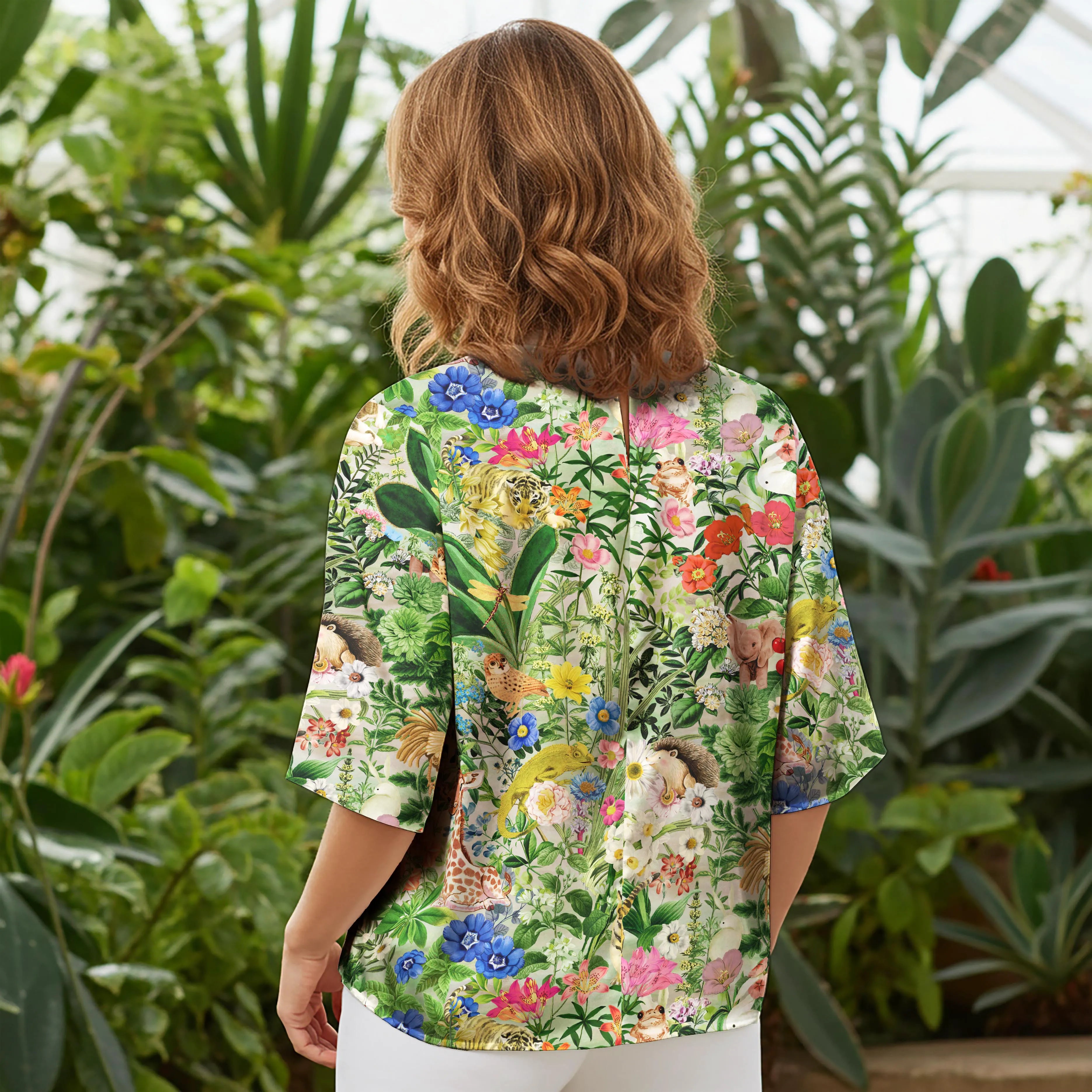Women Casual Blouse Elbow Sleeve Round Neck Button-Back 100% Tencel Green Aloha Enchanted Forest Zoo