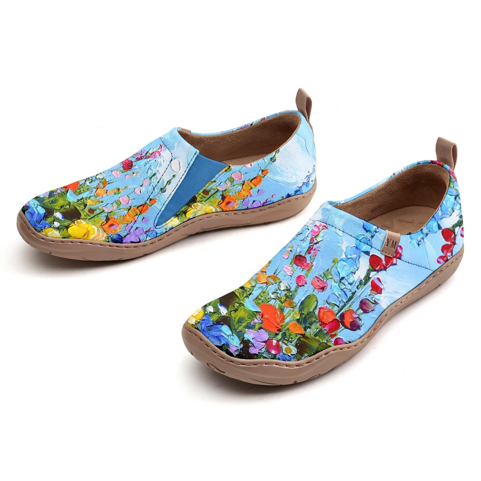 Women's Foldable Loafers,Blue Floral Oil Painting Women's Slip-On Sneakers,100% Cotton