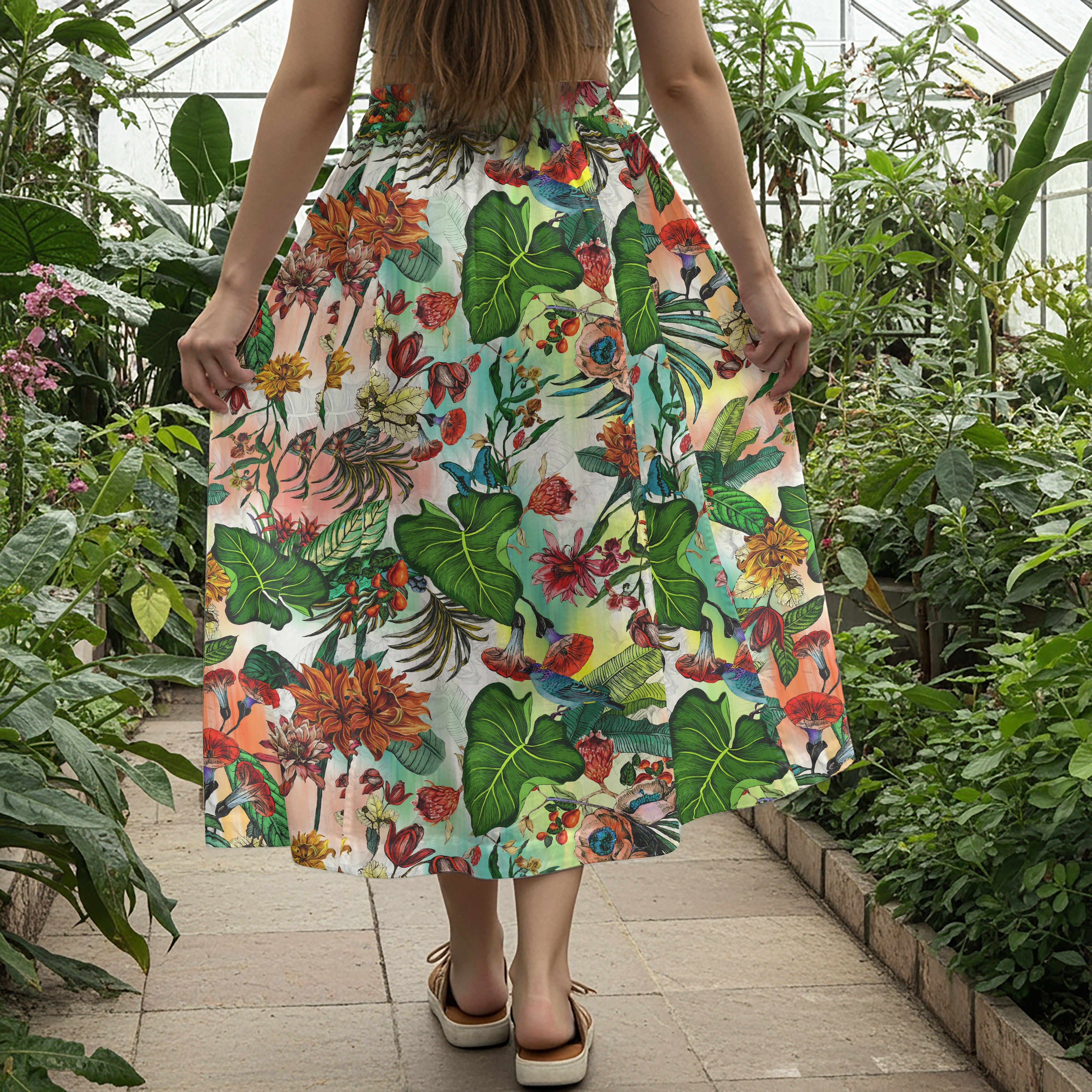 Women Casual Maxi Skirt Long Elastic Waist with Pockets 100% Cotton Green Aloha Tropical Floral Fantasy