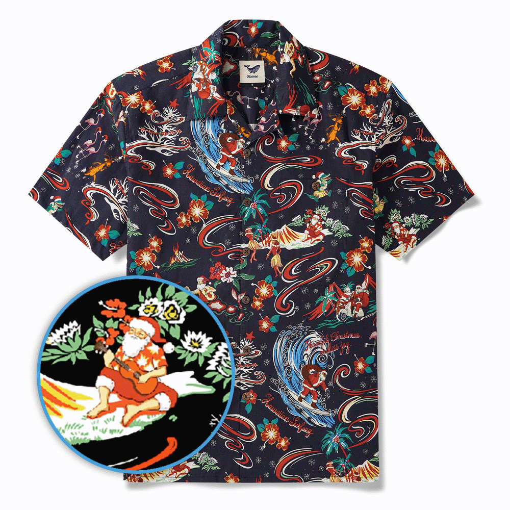 Men's Hawaiian Shirt Short Sleeve Camp Collar 100% Cotton Blue Aloha Christmas In Hawaii