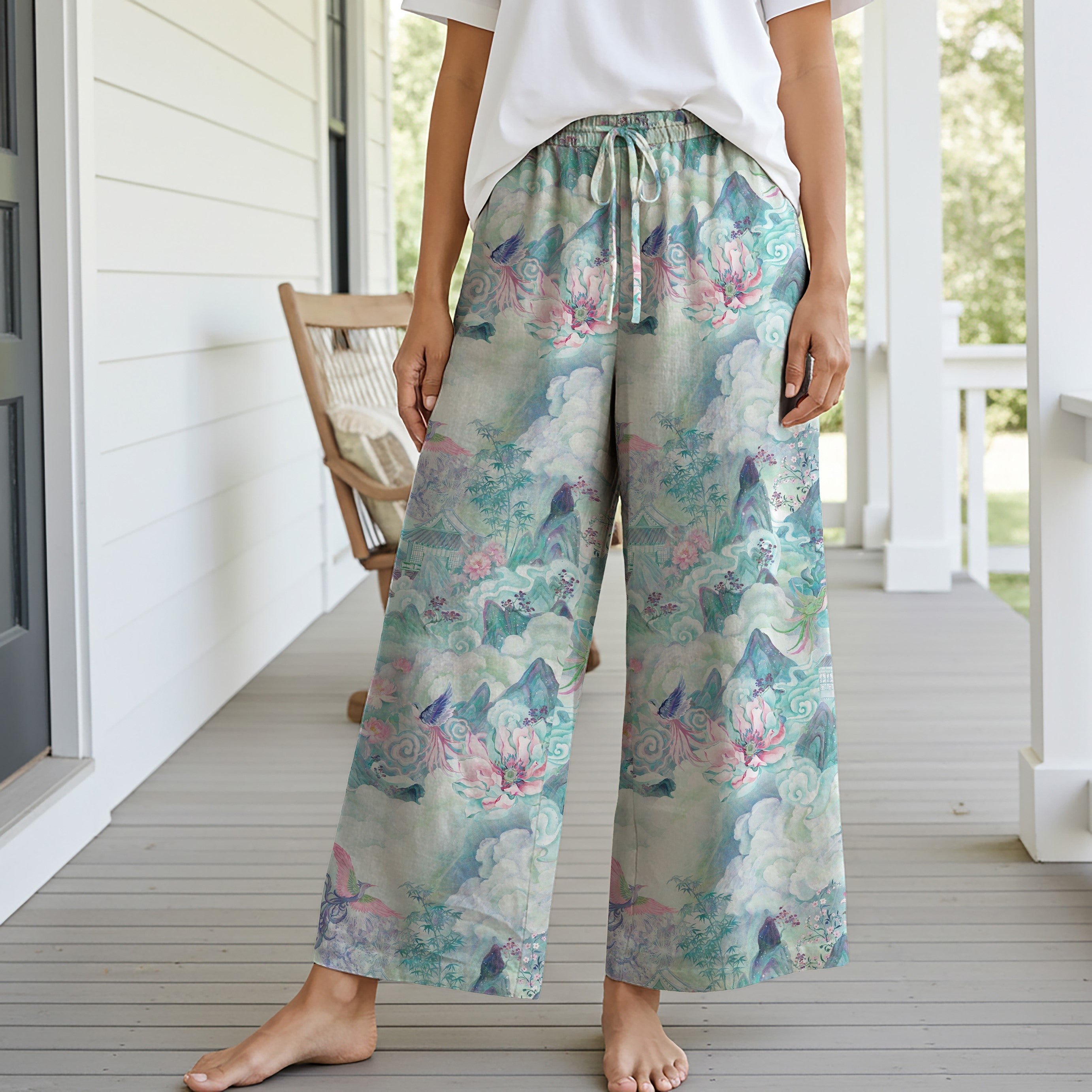 Women Casual Pants Lounge Elastic Waist Drawstring with Pockets 93% Tencel, 7% Linen Blue Aloha Painted Scroll Of The Celestial Garden