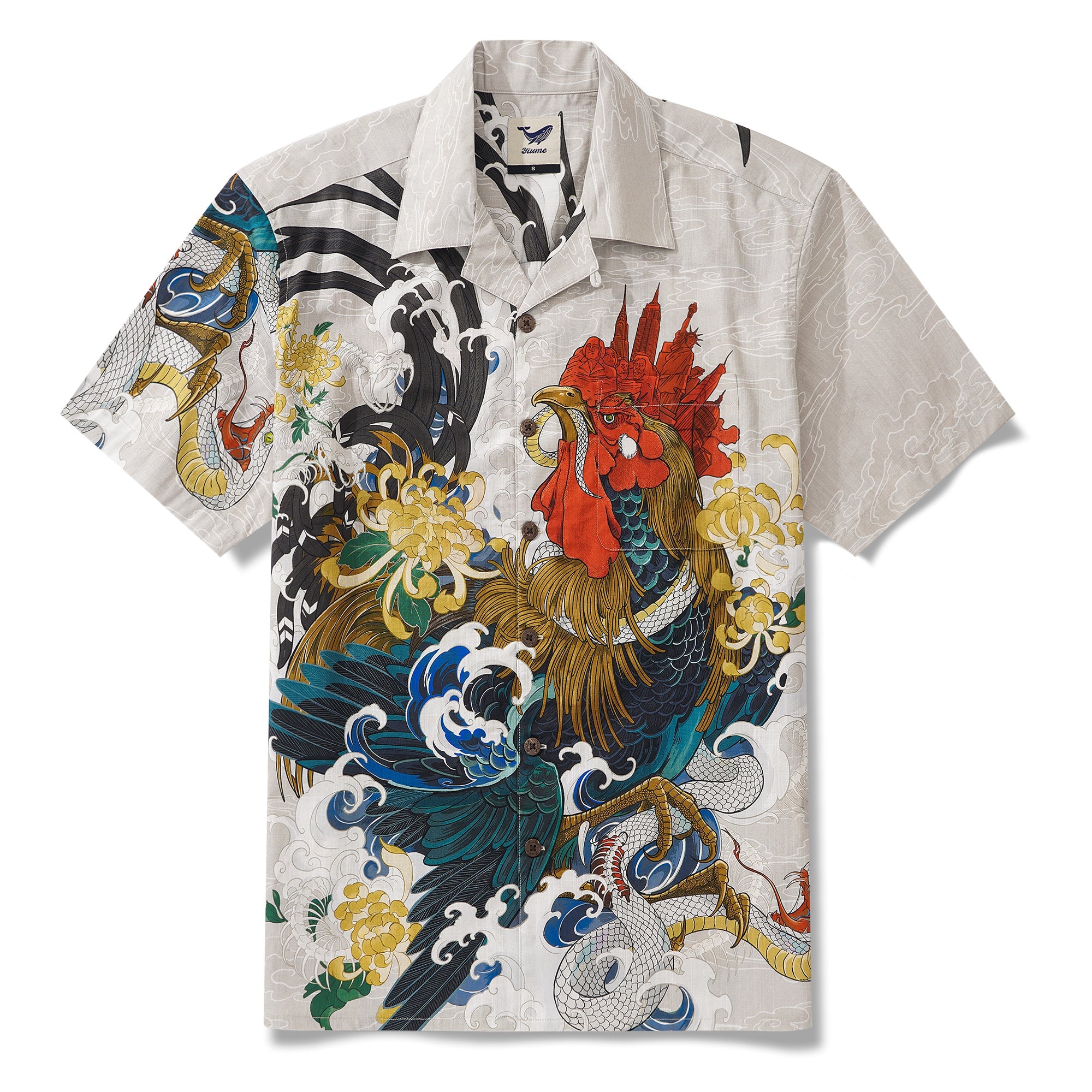 Men's Hawaiian Shirt Short Sleeve Camp Collar 100% Cotton Beige Aloha Rooster Surf