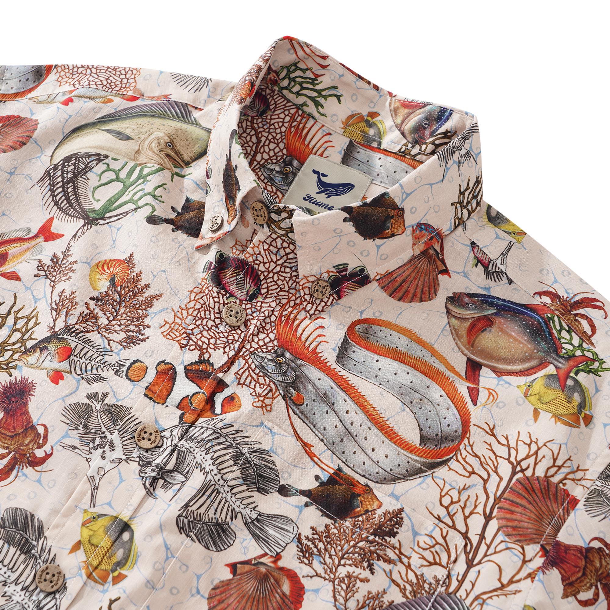 Men's Hawaiian Shirt Short Sleeve Button-down 100% Cotton Yellow Aloha King Mackerel for Unacquainted Friends