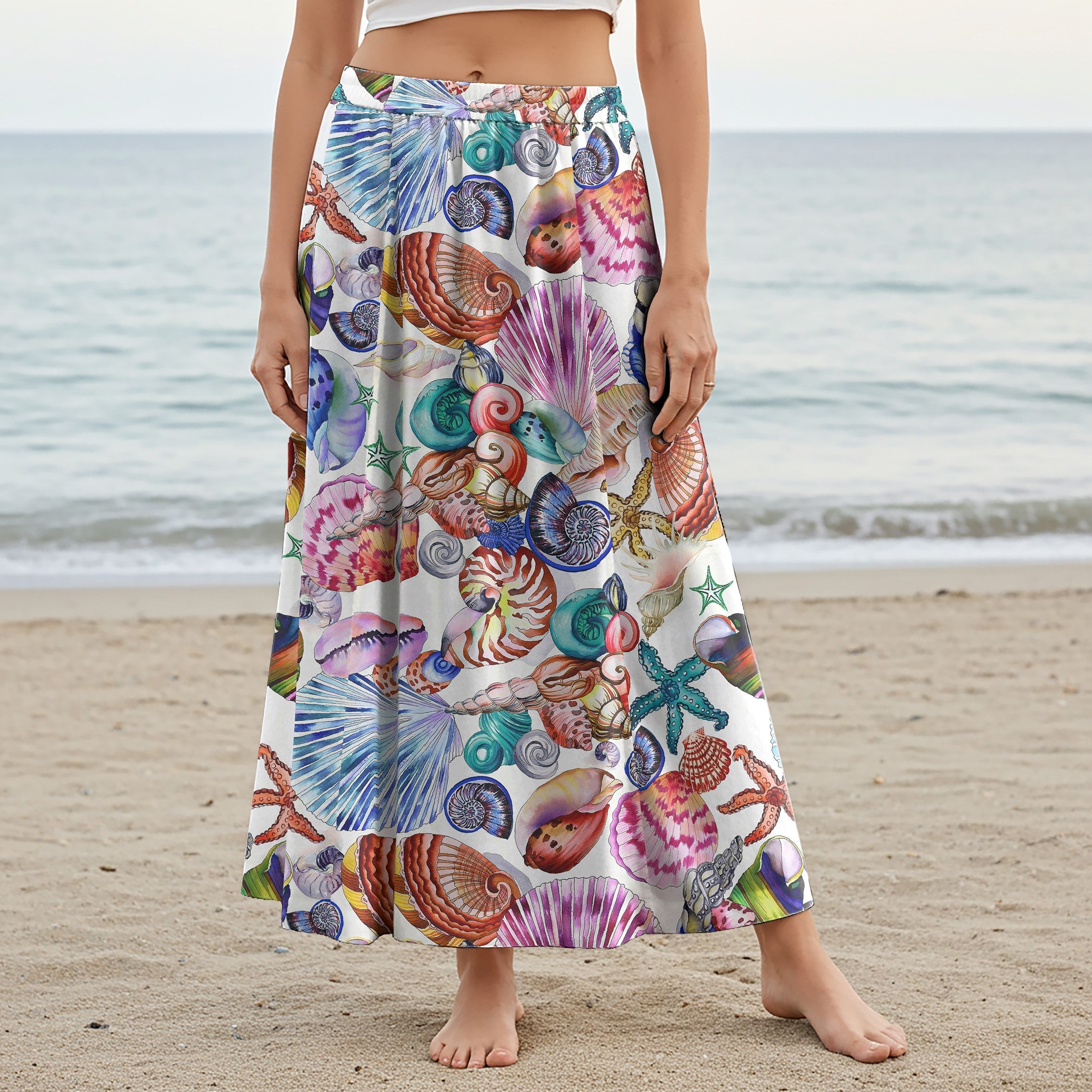 Women Casual Maxi Skirt Long Elastic Waist with Pockets 100% Cotton Blue Aloha Colorful Seashell Art Scroll