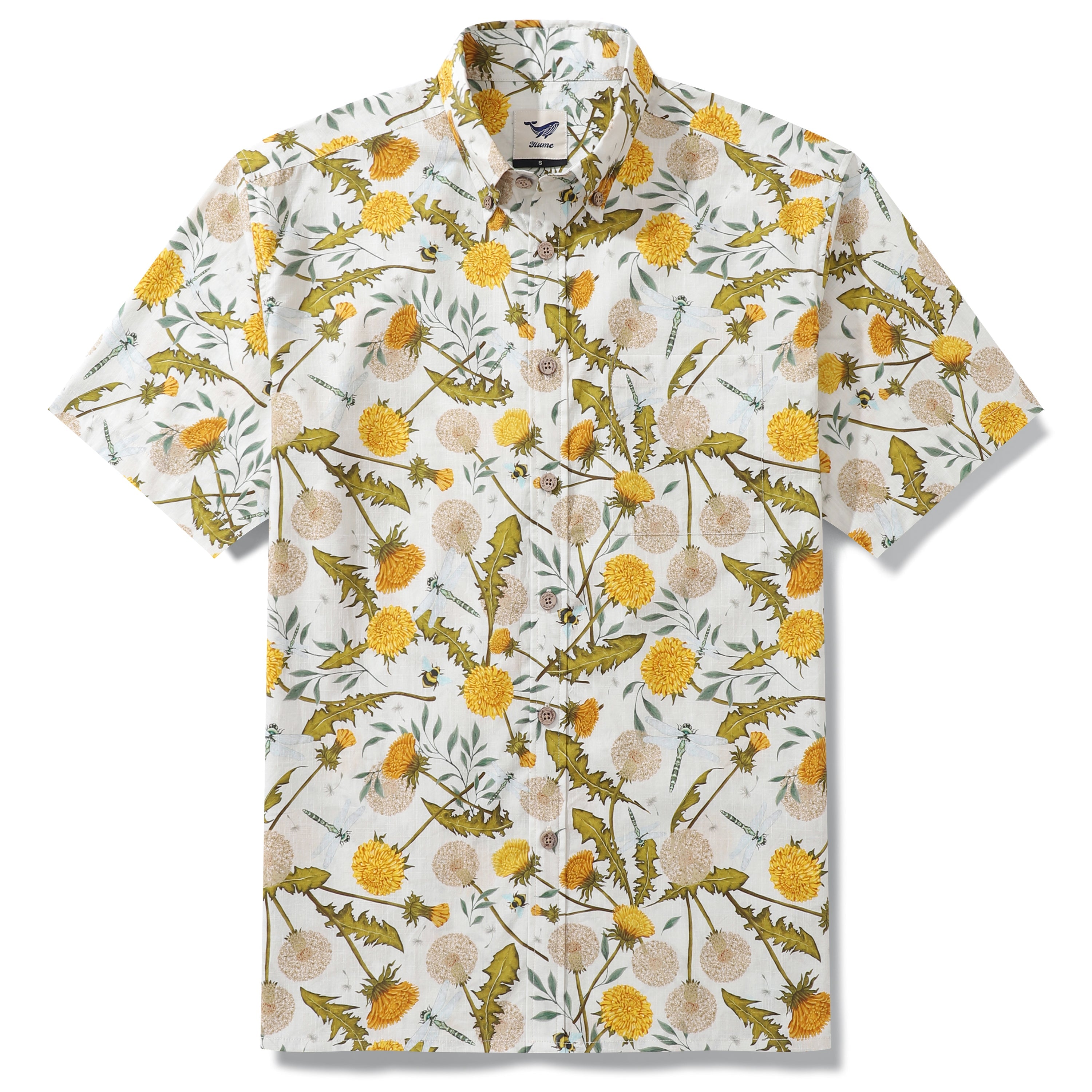 Hawaiian Shirt For Men Dandelions and Dragonflies By Silver Steer Design Button-down Shirt Short Sleeve 100% Cotton Shirt