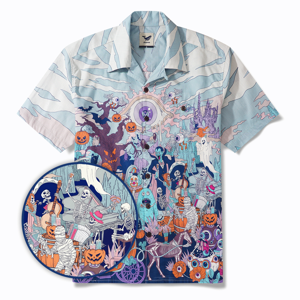 Men's Hawaiian Shirt Short Sleeve Camp Collar 100% Cotton White Aloha Midnight Halloween/Dante's Halloween