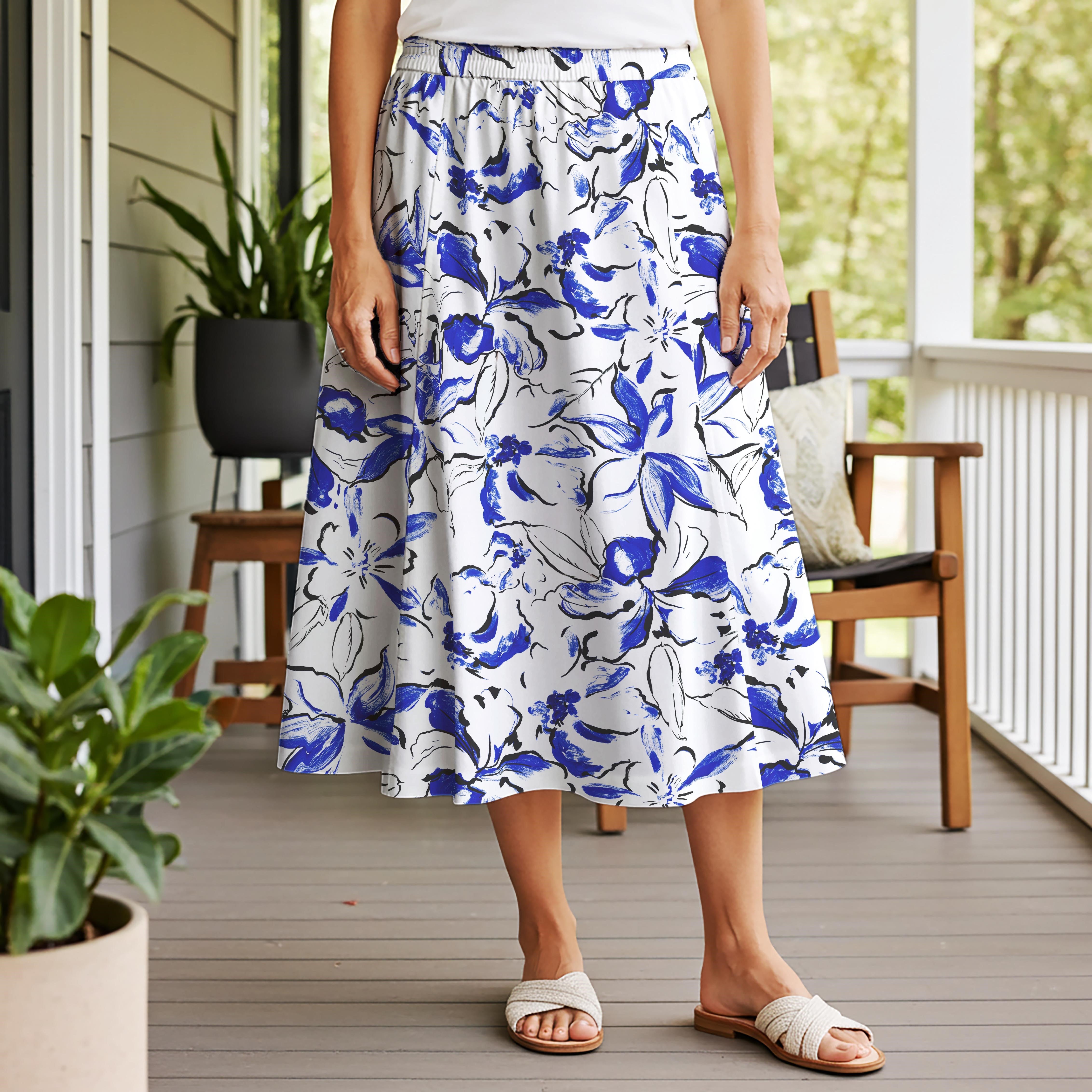 Women Casual Maxi Skirt Long Elastic Waist 100% Cotton Blue Aloha Indigo Blossoms Brushstroke