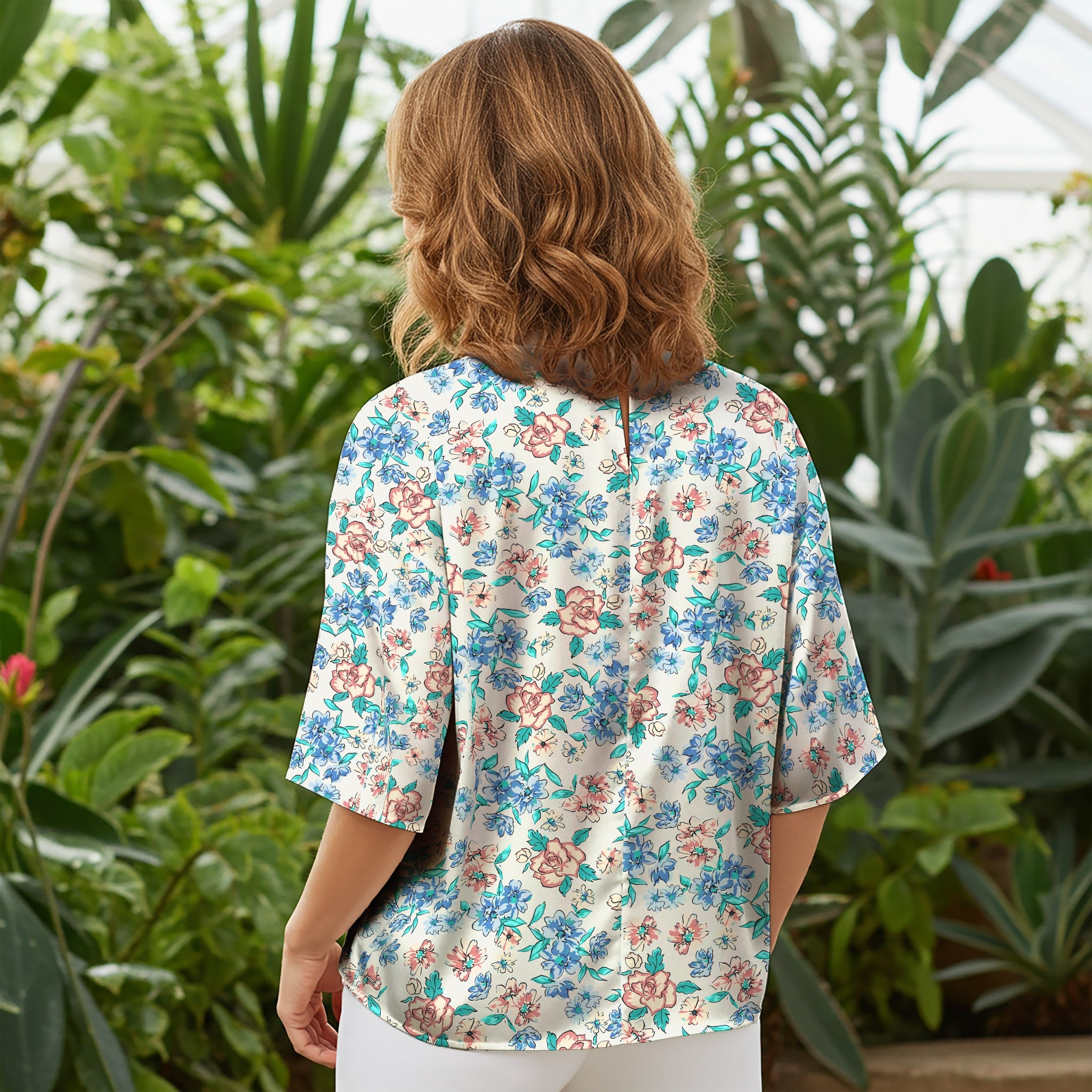 Women Casual Blouse Elbow Sleeve Round Neck Button-Back 100% Tencel Blue Aloha Fresh Floral Whispers