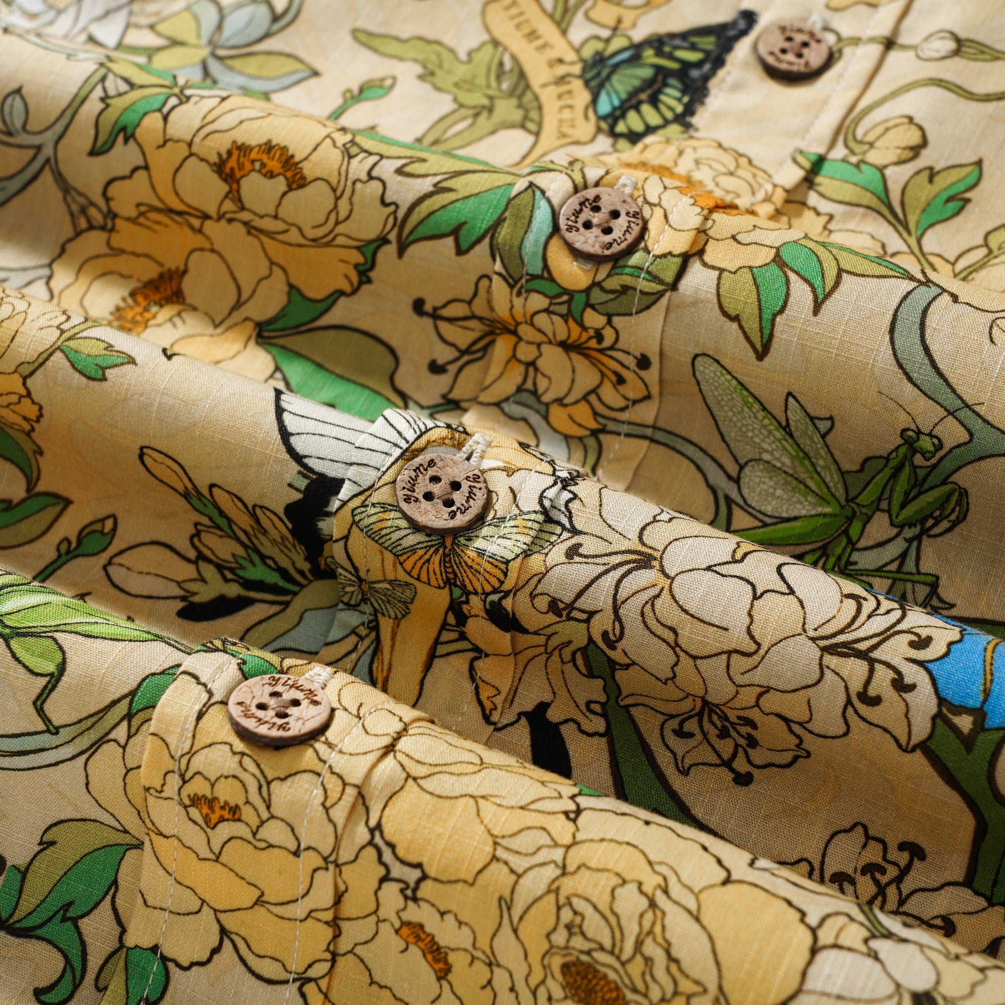 Men's Hawaiian Shirt Short Sleeve Button-down 100% Cotton Yellow Aloha Hawaiian Mucha’s Flora & Fauna Whimsy