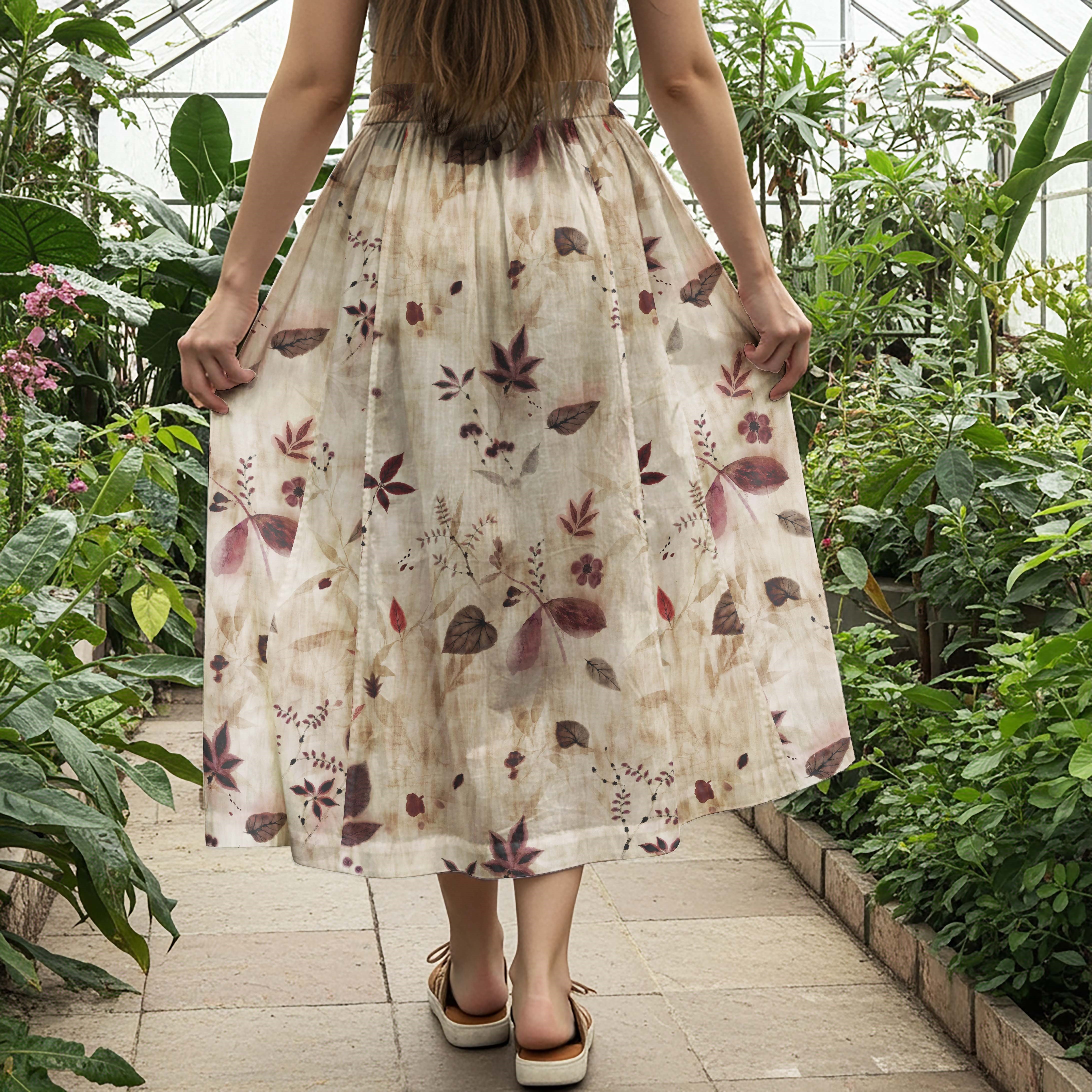 Women Casual Maxi Skirt Long Elastic Waist 100% Cotton Brown Aloha Autumn Whispers Floral Collection